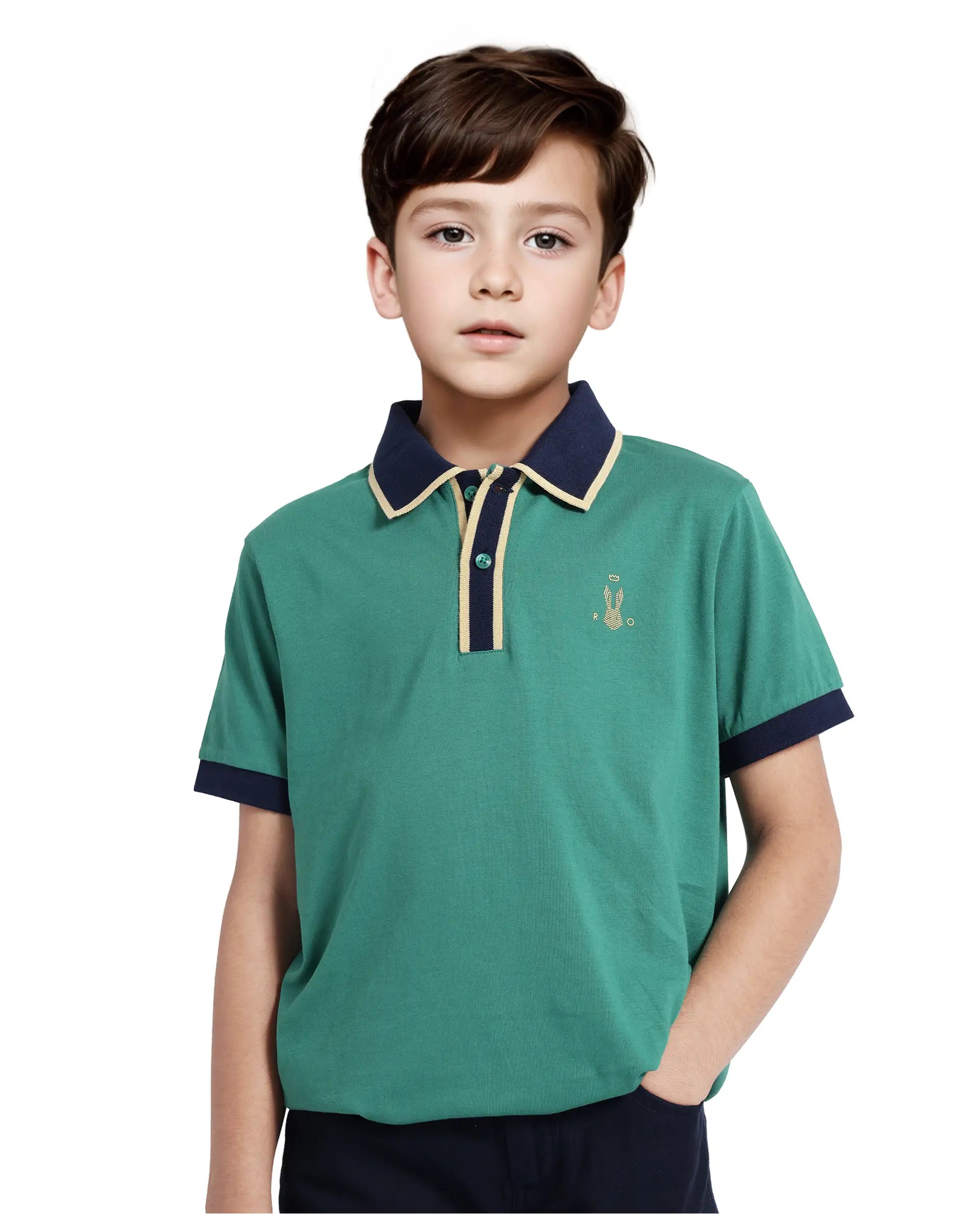Rare Ones Kids Larn Dark Green Cotton Half Sleeves Contrasting Collar Regular Fit Solid Polo