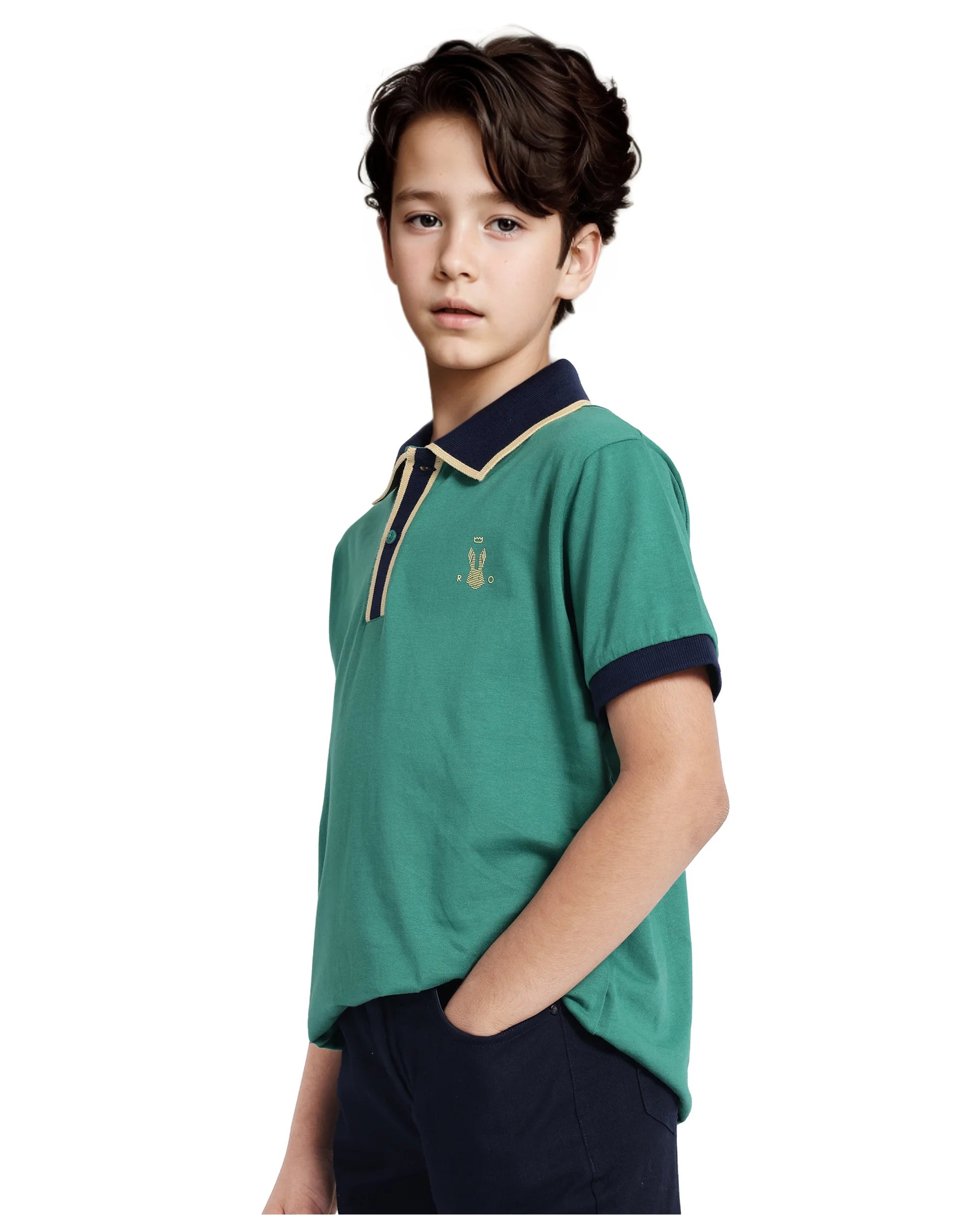 Rare Ones Kids Larn Dark Green Cotton Half Sleeves Contrasting Collar Regular Fit Solid Polo