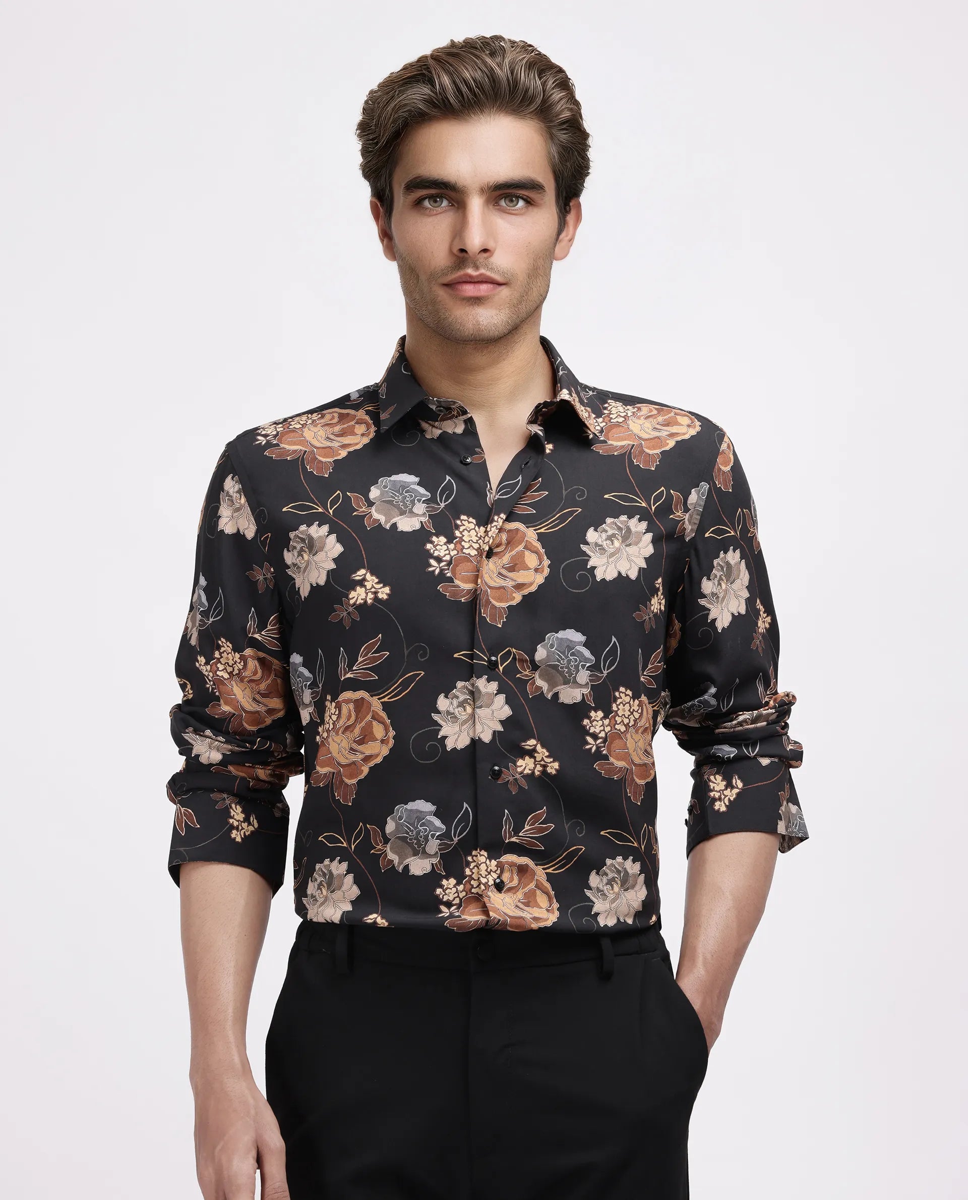 Rare Rabbit Men's Larne Black Viscose Blend Floral Print Regular Fit Full Sleeve Collared Shirt
