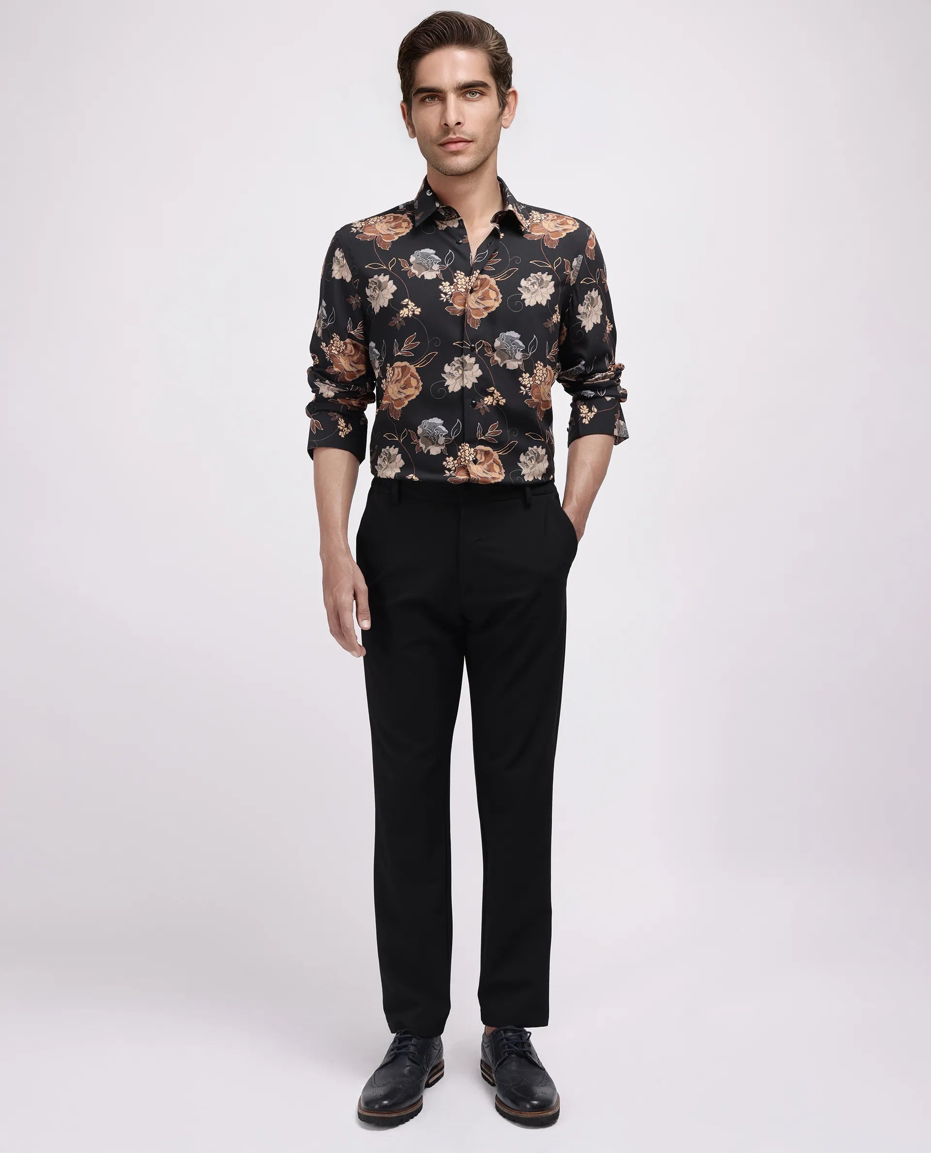 Rare Rabbit Men's Larne Black Viscose Blend Floral Print Regular Fit Full Sleeve Collared Shirt