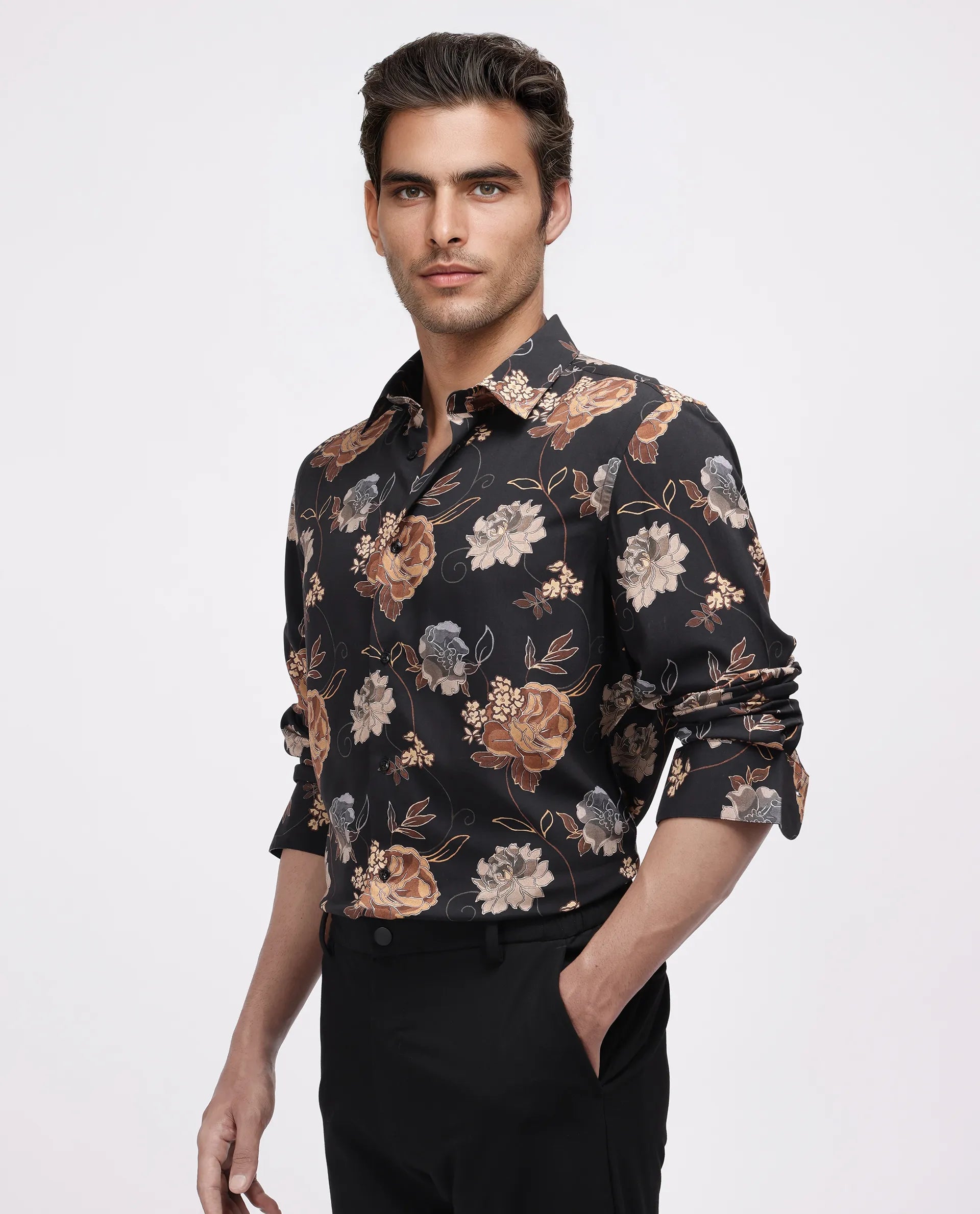 Rare Rabbit Men's Larne Black Viscose Blend Floral Print Regular Fit Full Sleeve Collared Shirt