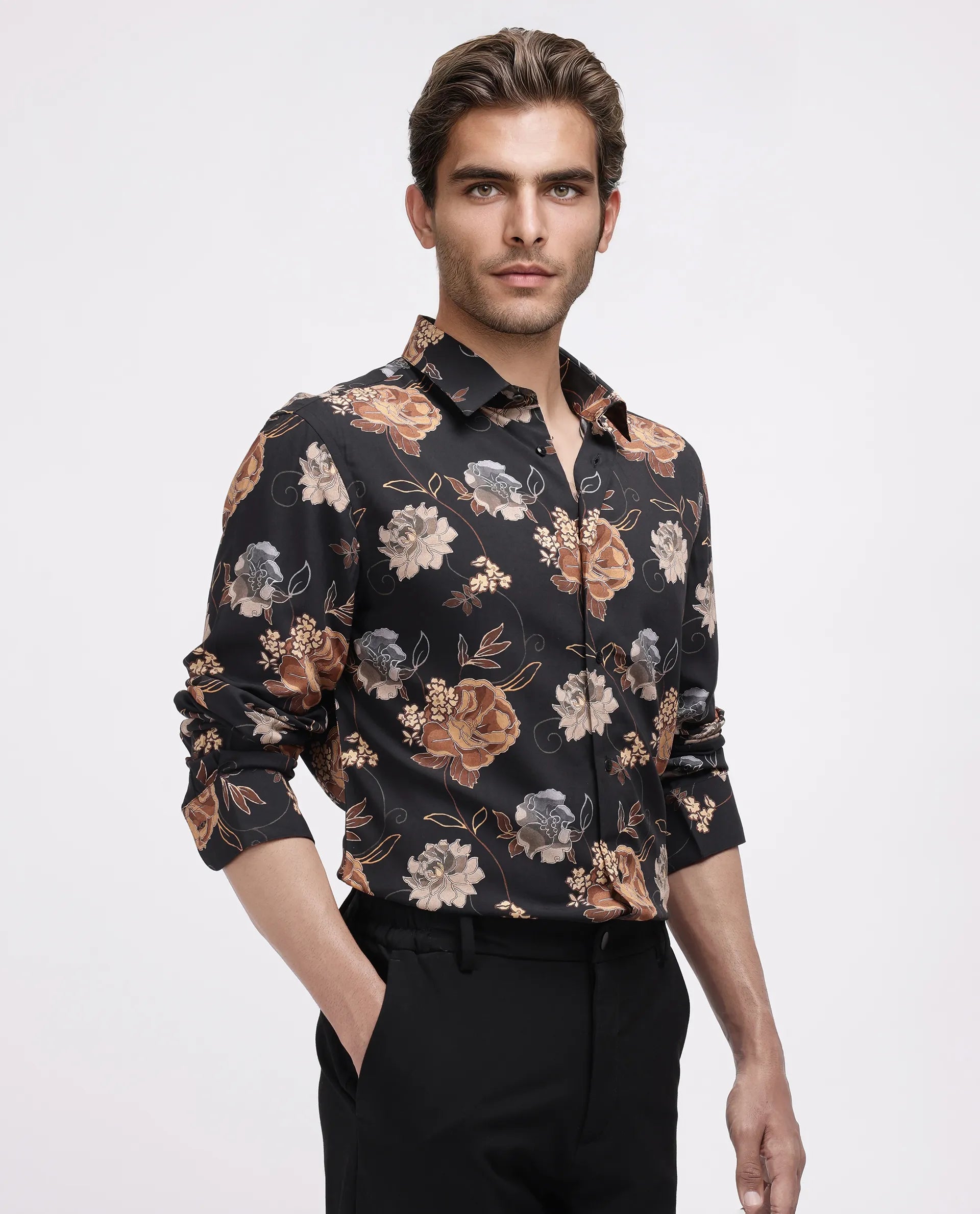 Rare Rabbit Men's Larne Black Viscose Blend Floral Print Regular Fit Full Sleeve Collared Shirt