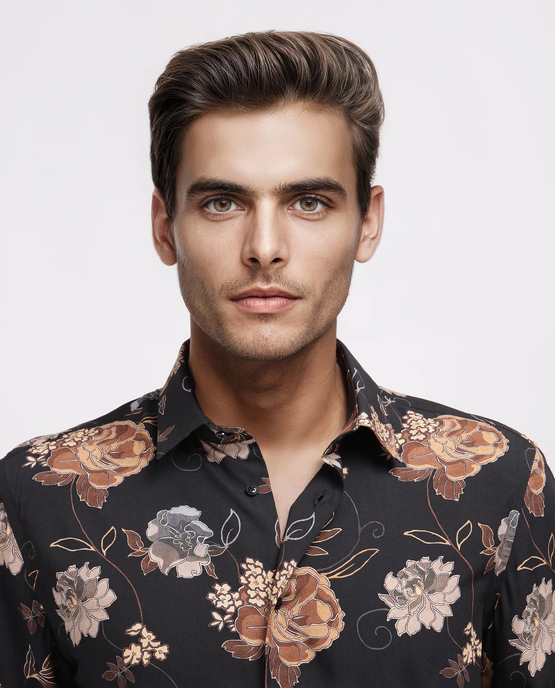 Rare Rabbit Men's Larne Black Viscose Blend Floral Print Regular Fit Full Sleeve Collared Shirt