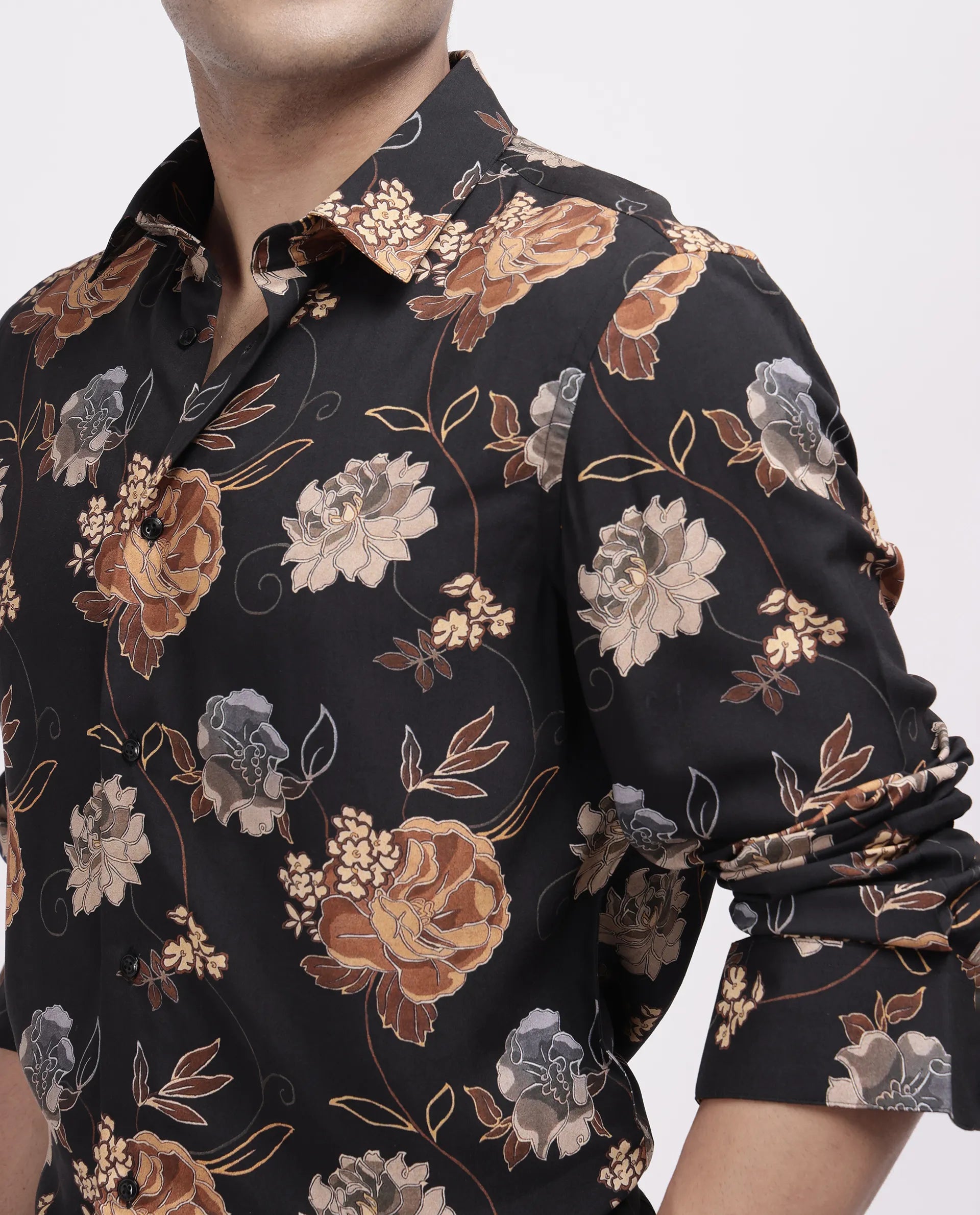 Rare Rabbit Men's Larne Black Viscose Blend Floral Print Regular Fit Full Sleeve Collared Shirt