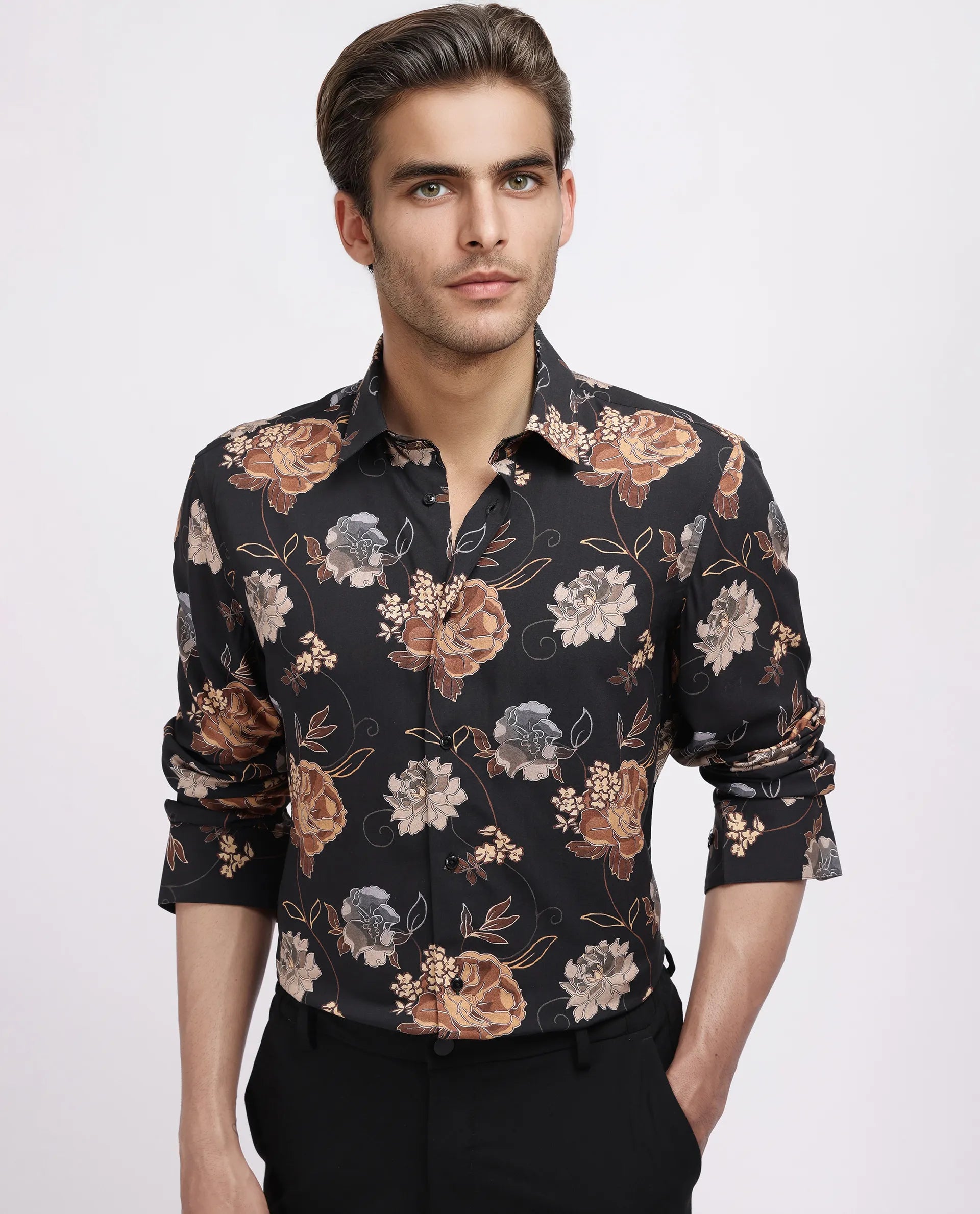 Rare Rabbit Men's Larne Black Viscose Blend Floral Print Regular Fit Full Sleeve Collared Shirt