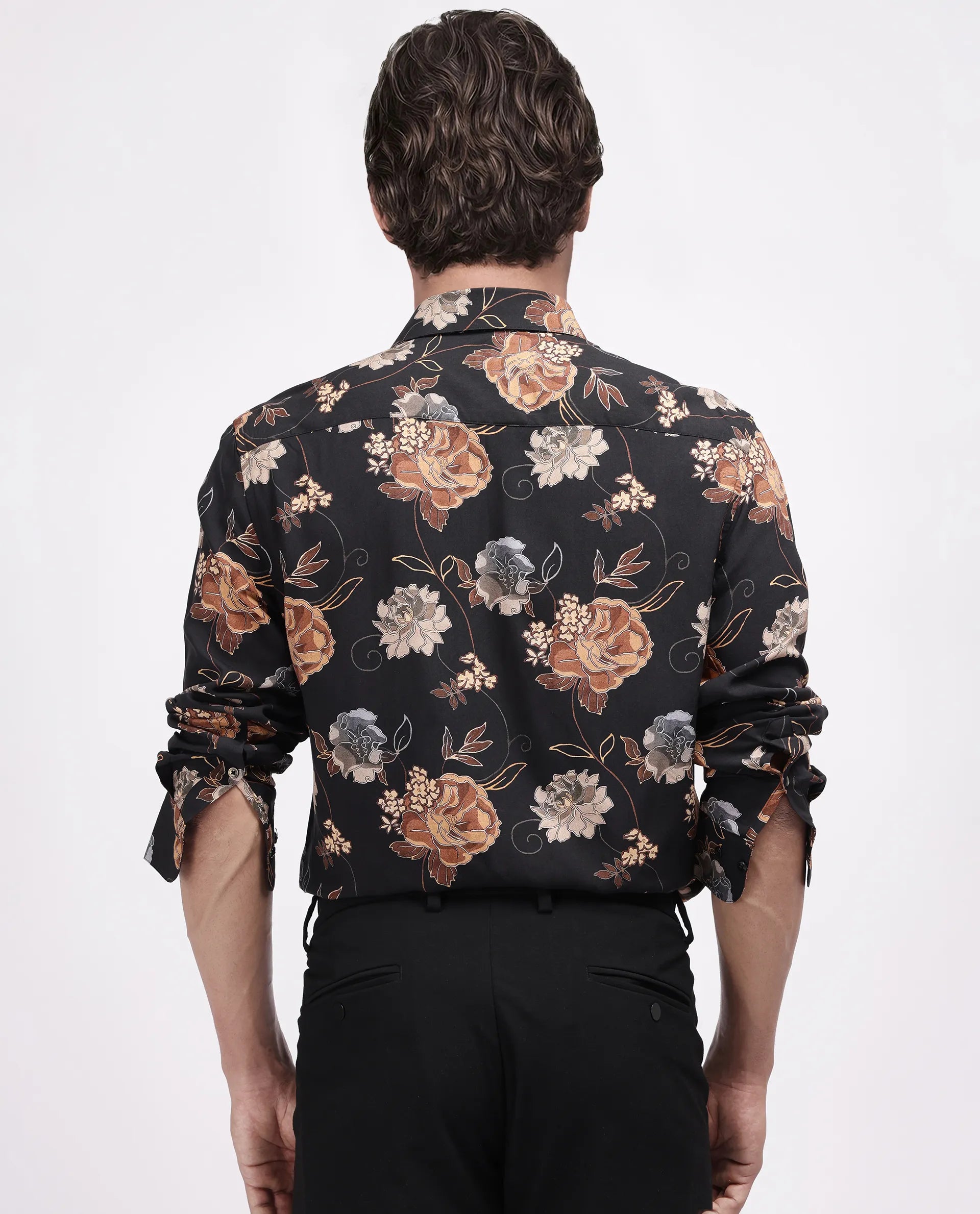 Rare Rabbit Men's Larne Black Viscose Blend Floral Print Regular Fit Full Sleeve Collared Shirt
