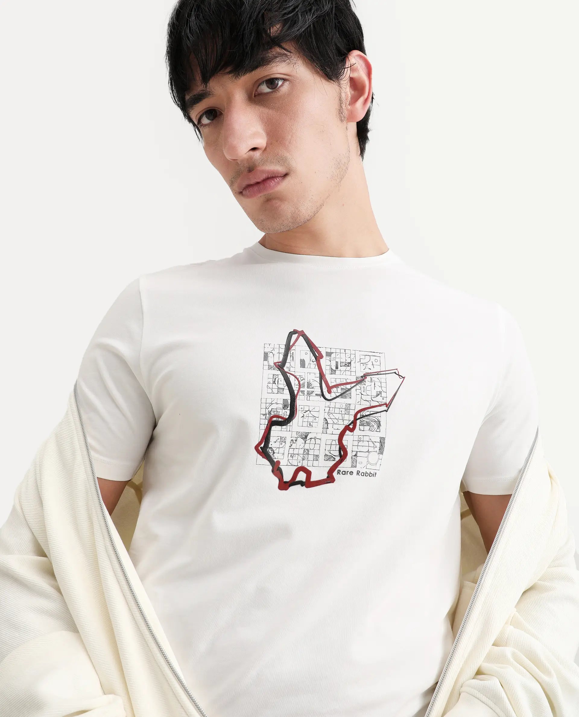 Rare Rabbit Men's Larri Off White Cotton Blend Fabric Half Sleeve Crew Neck Regular Fit Graphic Print T-Shirt