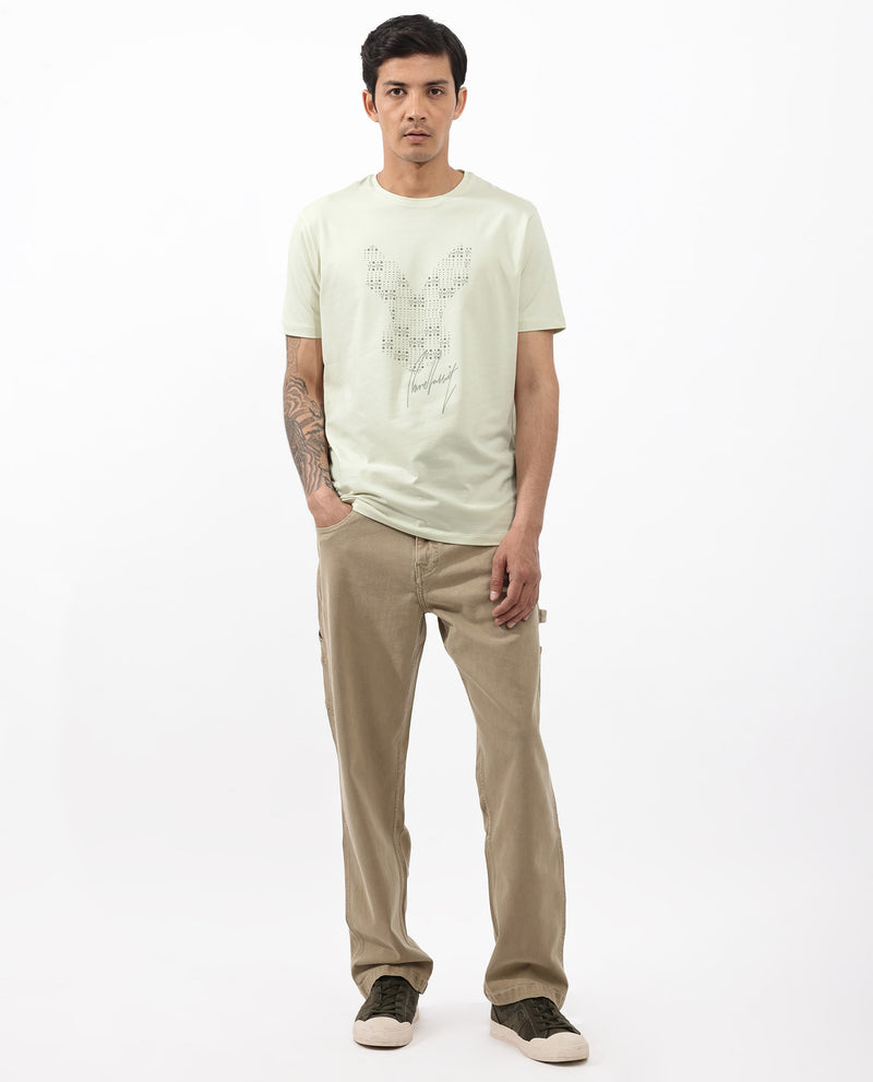 Rare Rabbit Articale Mens Larry Pastel Green Cotton Fabric Short Sleeve Crew Neck Regular Fit Printed T-Shirt