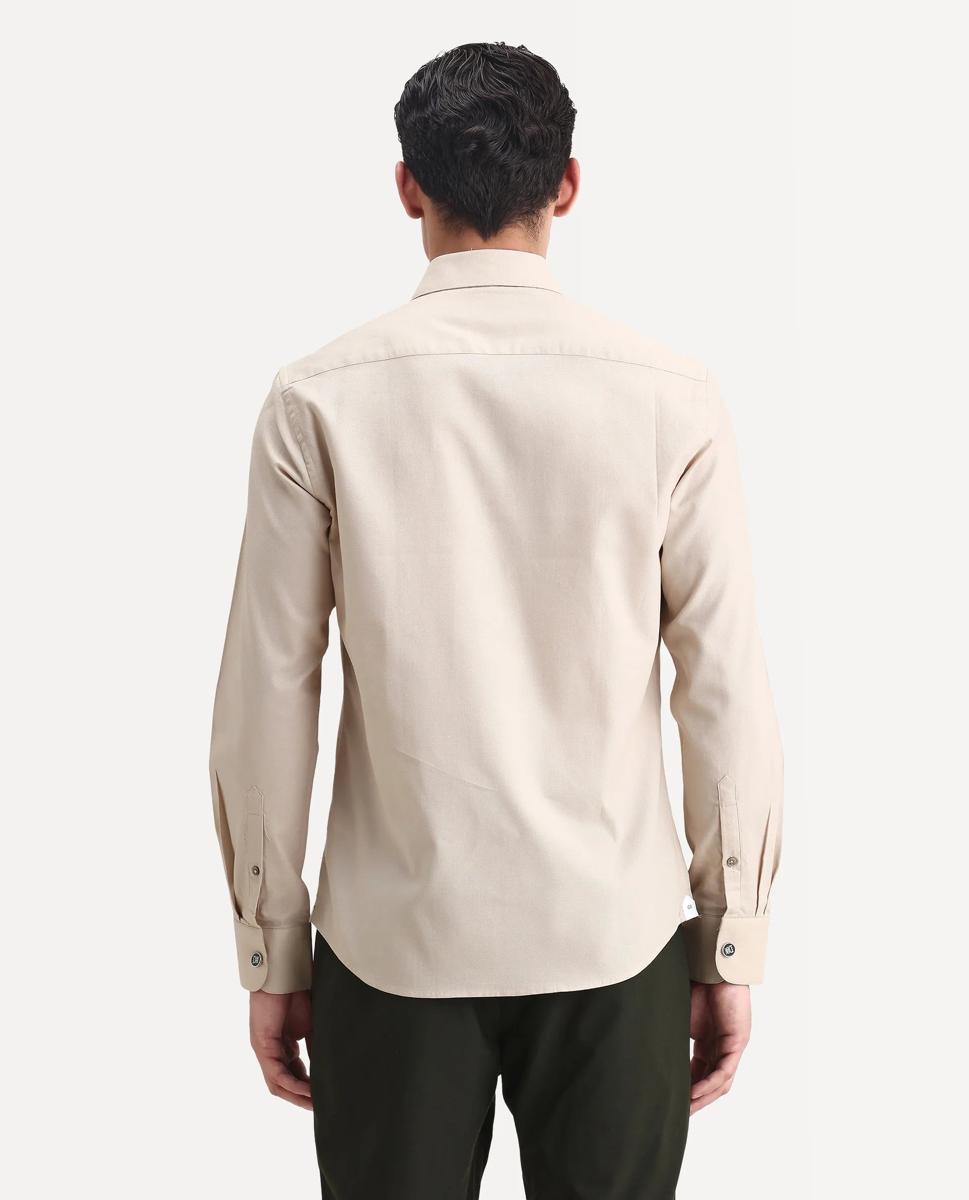 Rare Rabbit Men's Lasko Beige Cotton Plain Regular Fit Full Sleeve Collared Shirt