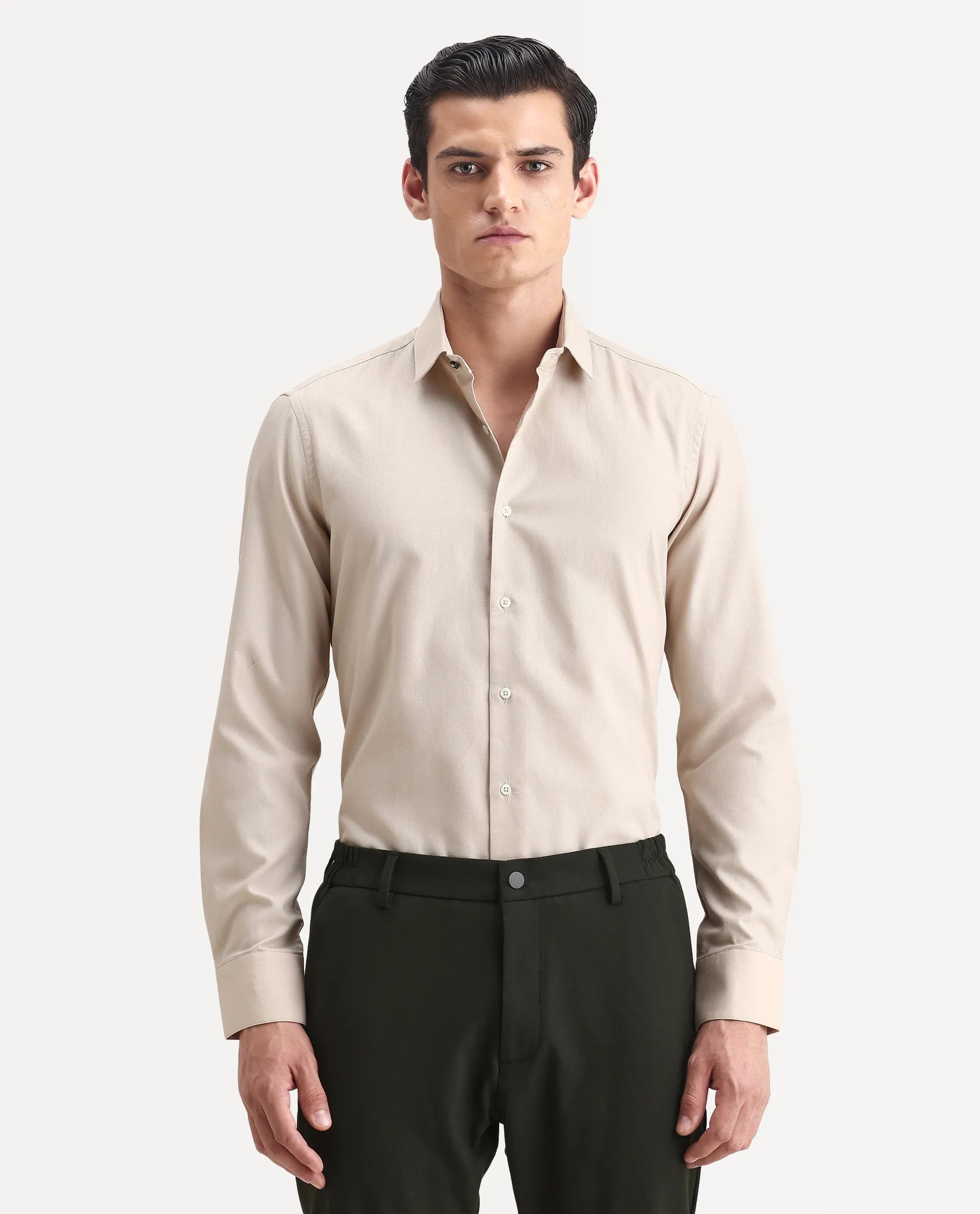 Rare Rabbit Men's Lasko Beige Cotton Plain Regular Fit Full Sleeve Collared Shirt