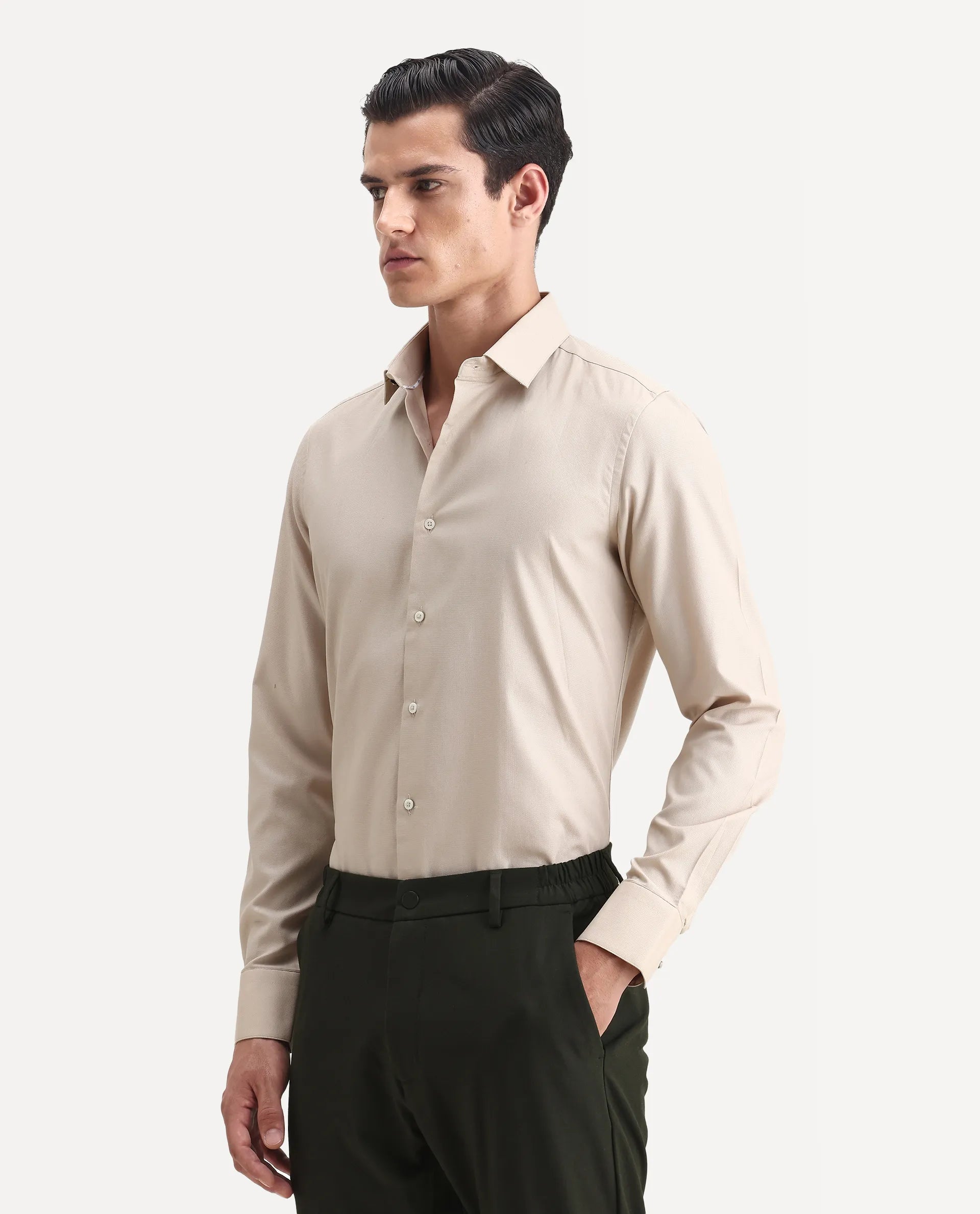 Rare Rabbit Men's Lasko Beige Cotton Plain Regular Fit Full Sleeve Collared Shirt