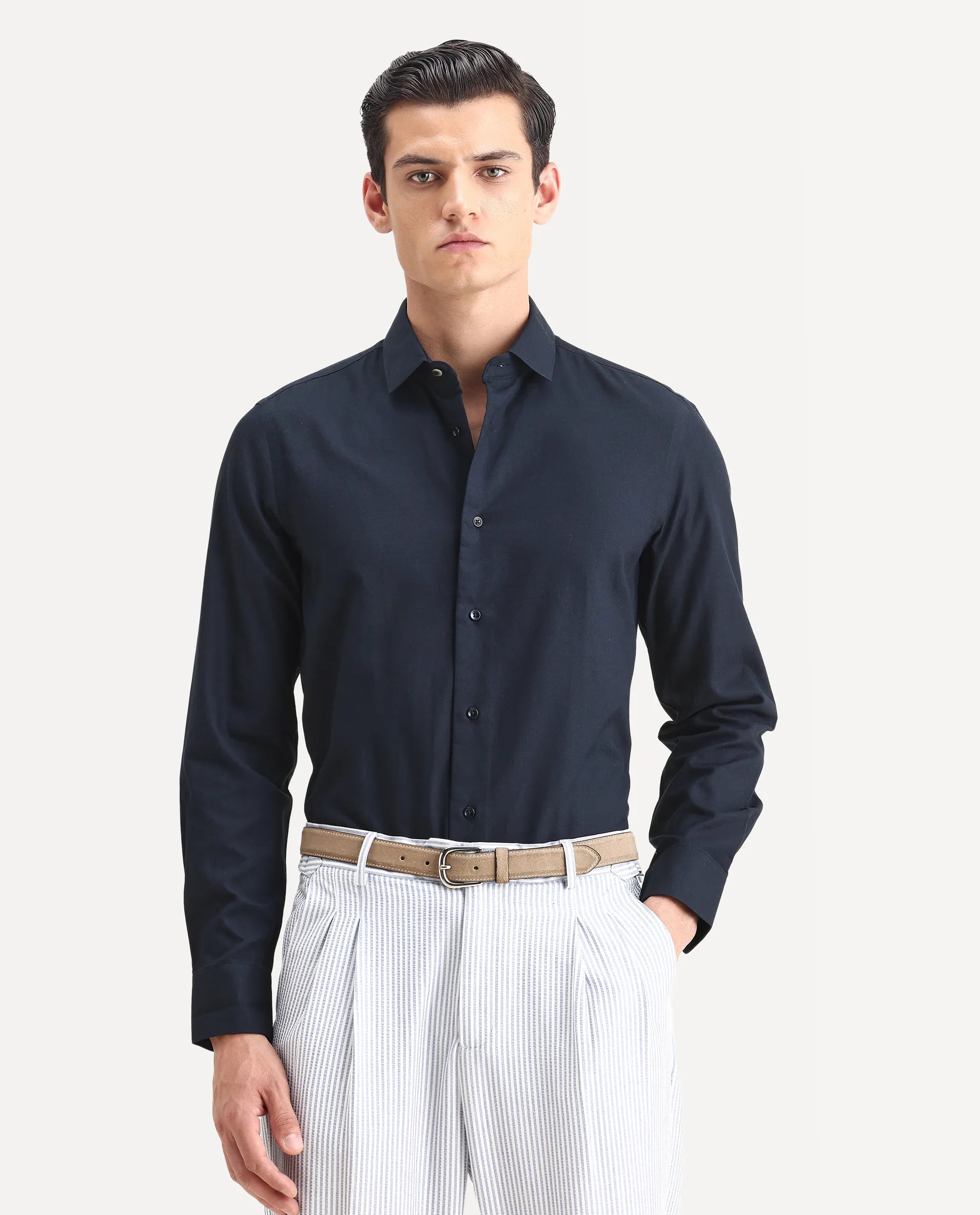 Rare Rabbit Men's Lasko Navy Cotton Plain Regular Fit Full Sleeve Collared Shirt