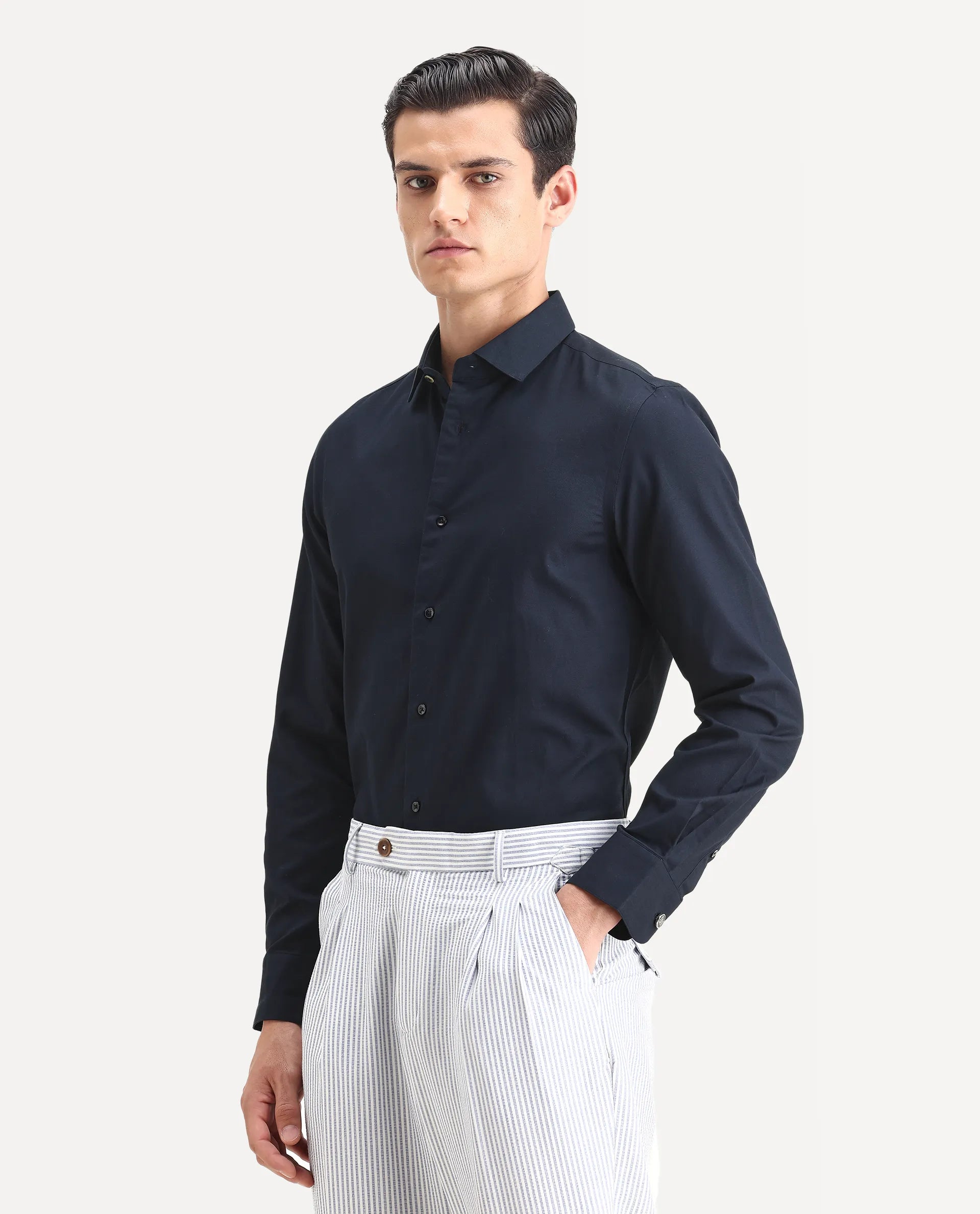 Rare Rabbit Men's Lasko Navy Cotton Plain Regular Fit Full Sleeve Collared Shirt