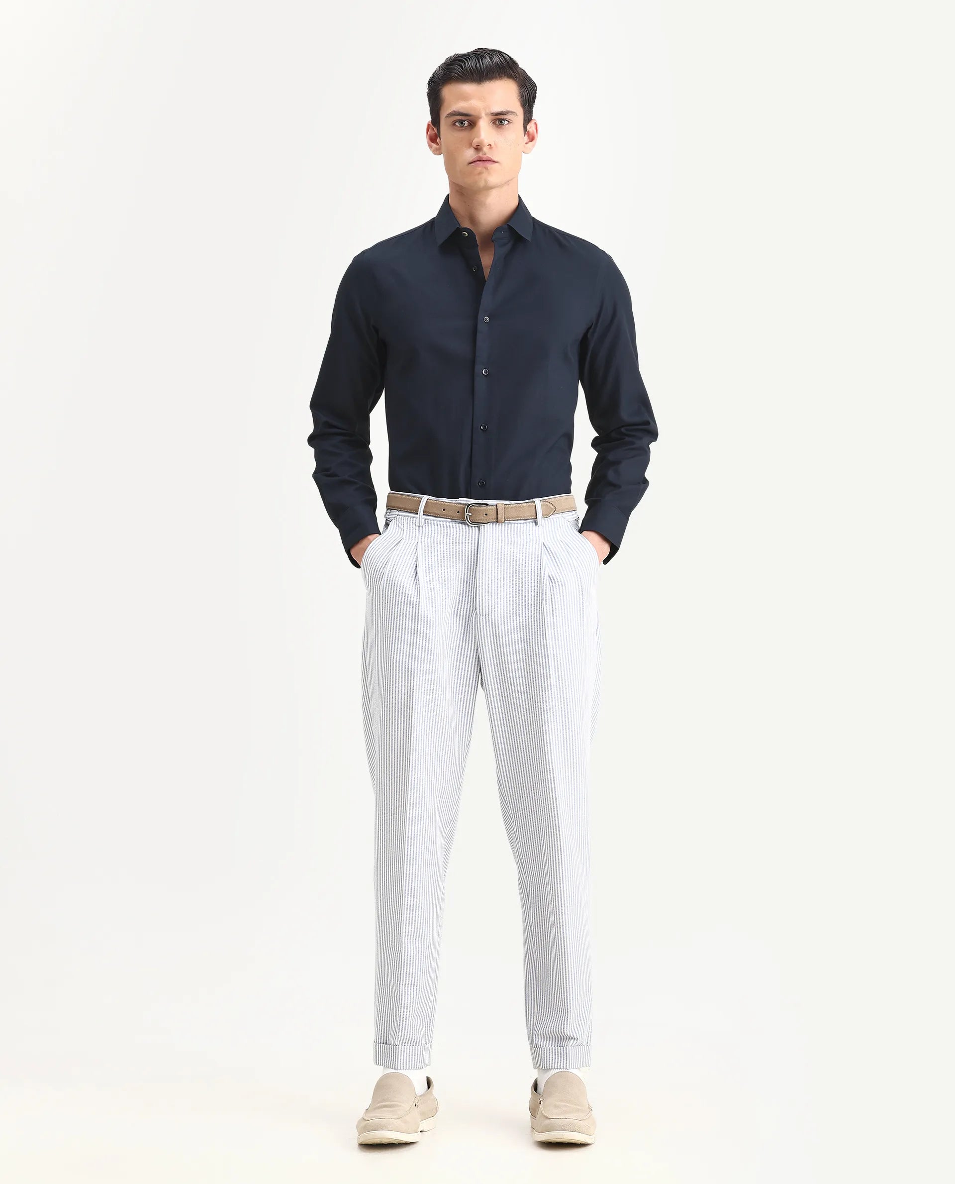 Rare Rabbit Men's Lasko Navy Cotton Plain Regular Fit Full Sleeve Collared Shirt