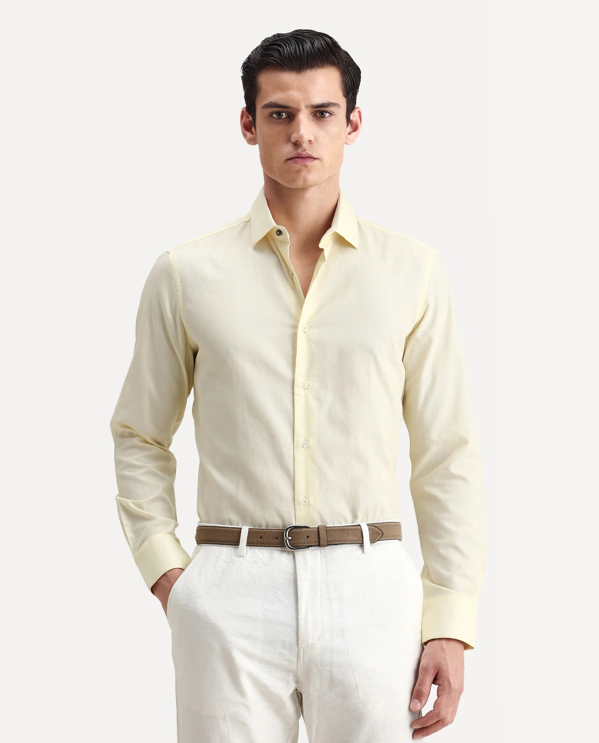 Rare Rabbit Men's Lasko Pastel Yellow Cotton Plain Regular Fit Full Sleeve Collared Shirt