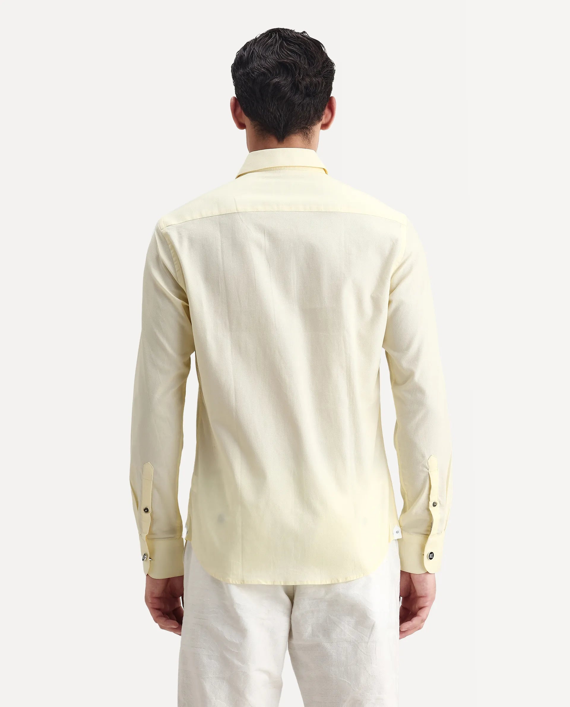 Rare Rabbit Men's Lasko Pastel Yellow Cotton Plain Regular Fit Full Sleeve Collared Shirt