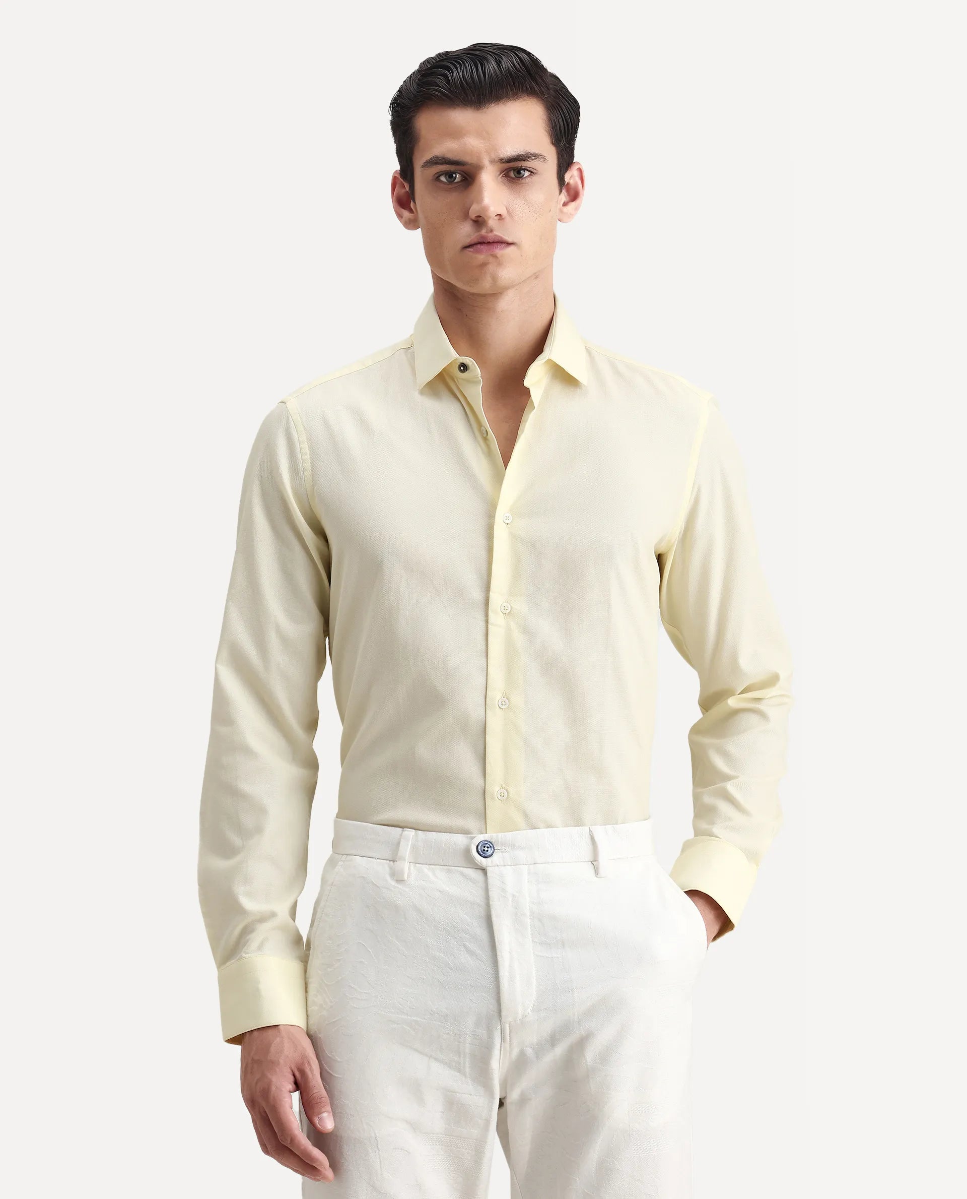 Rare Rabbit Men's Lasko Pastel Yellow Cotton Plain Regular Fit Full Sleeve Collared Shirt