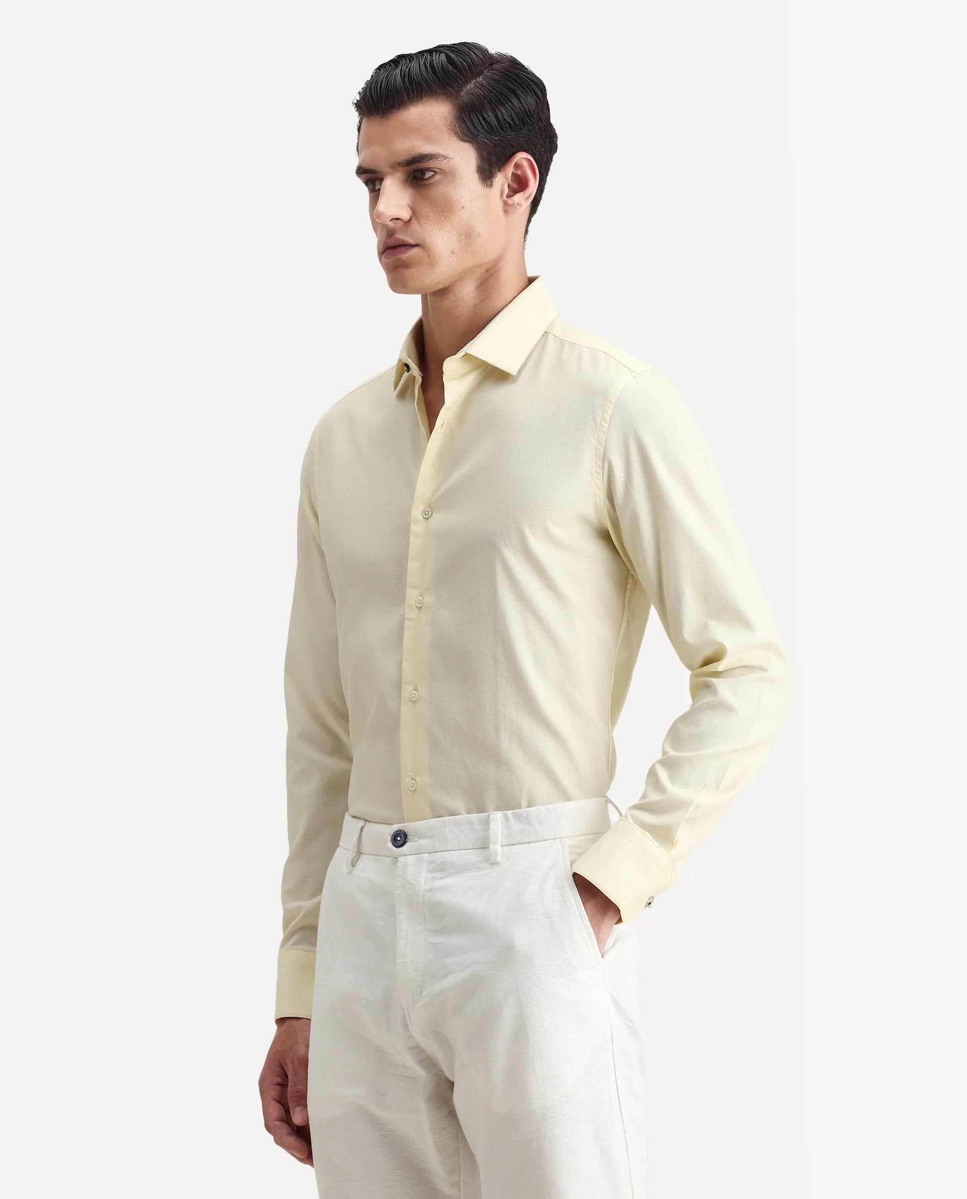 Rare Rabbit Men's Lasko Pastel Yellow Cotton Plain Regular Fit Full Sleeve Collared Shirt