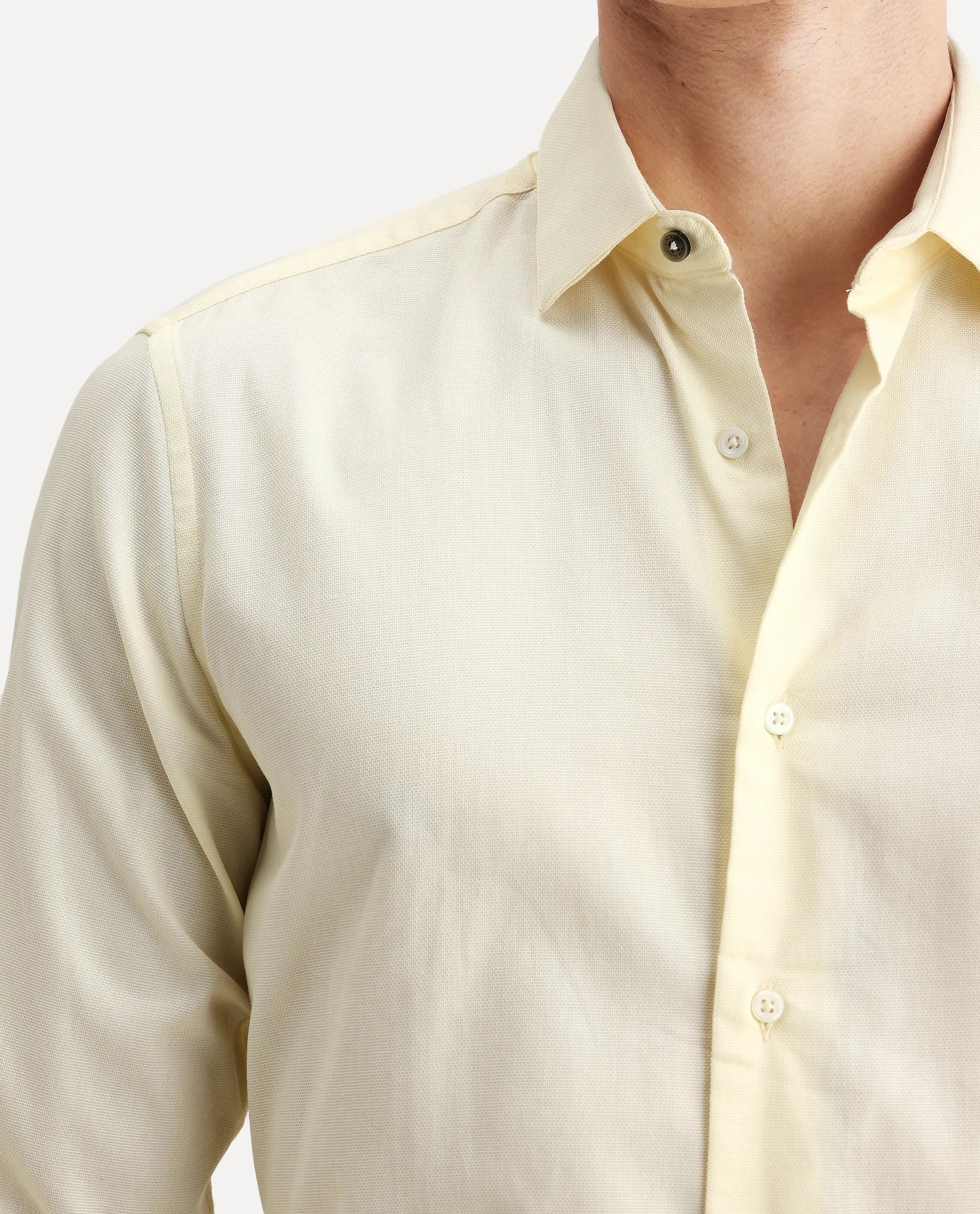 Rare Rabbit Men's Lasko Pastel Yellow Cotton Plain Regular Fit Full Sleeve Collared Shirt