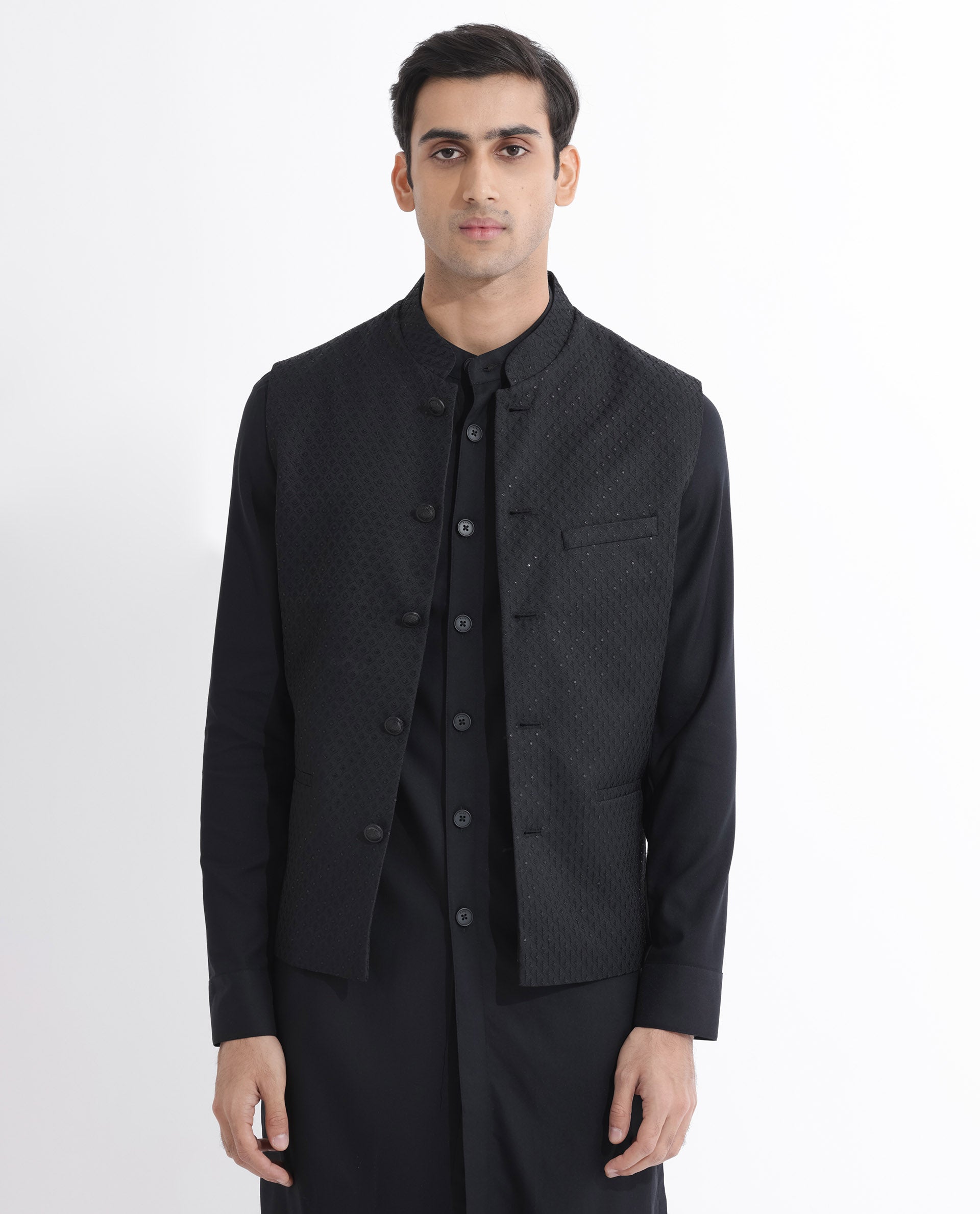 Rare Rabbit Mens Lasmos-B Black Bandi Sleeveless Mandarin Collar