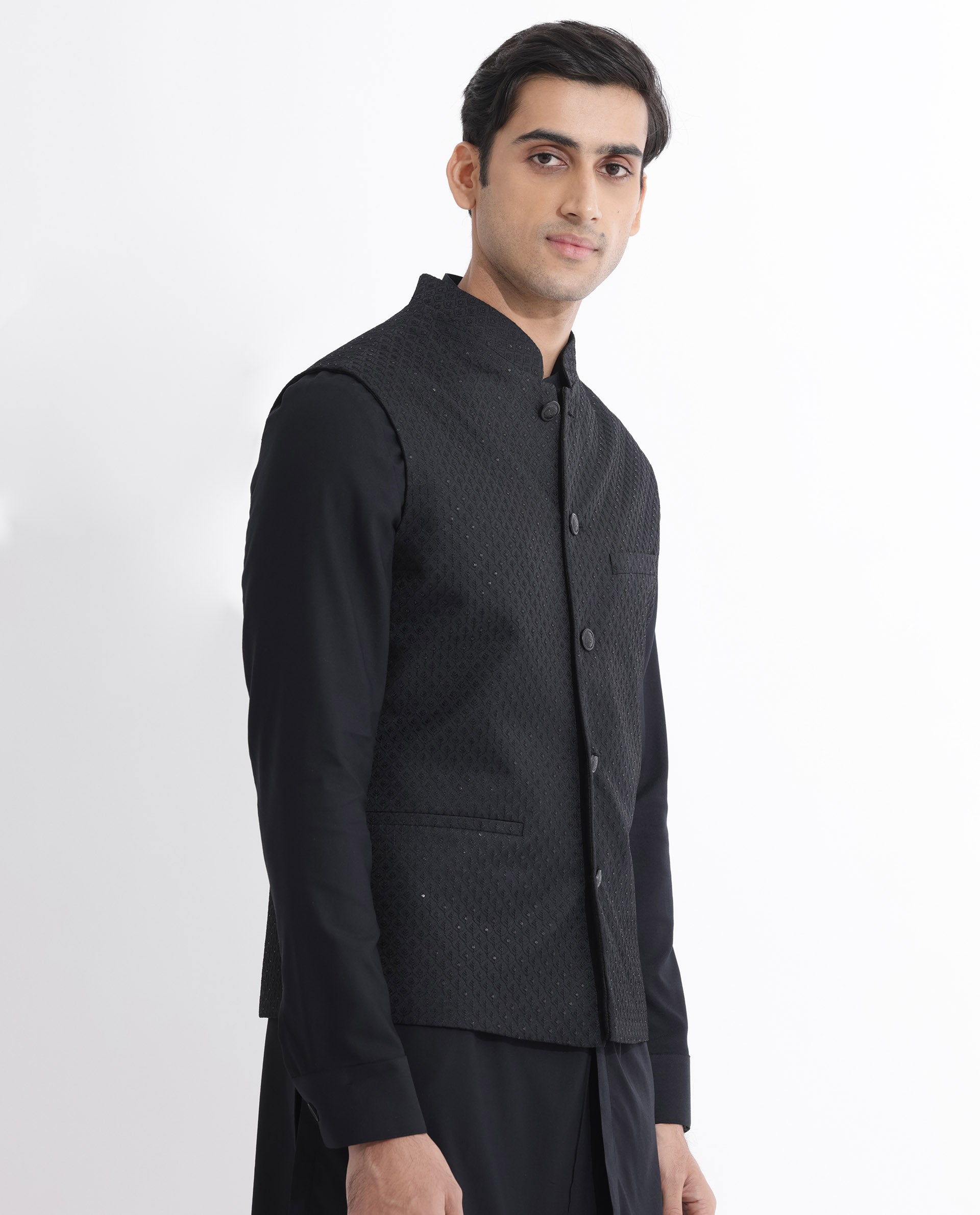 Rare Rabbit Mens Lasmos-B Black Bandi Sleeveless Mandarin Collar