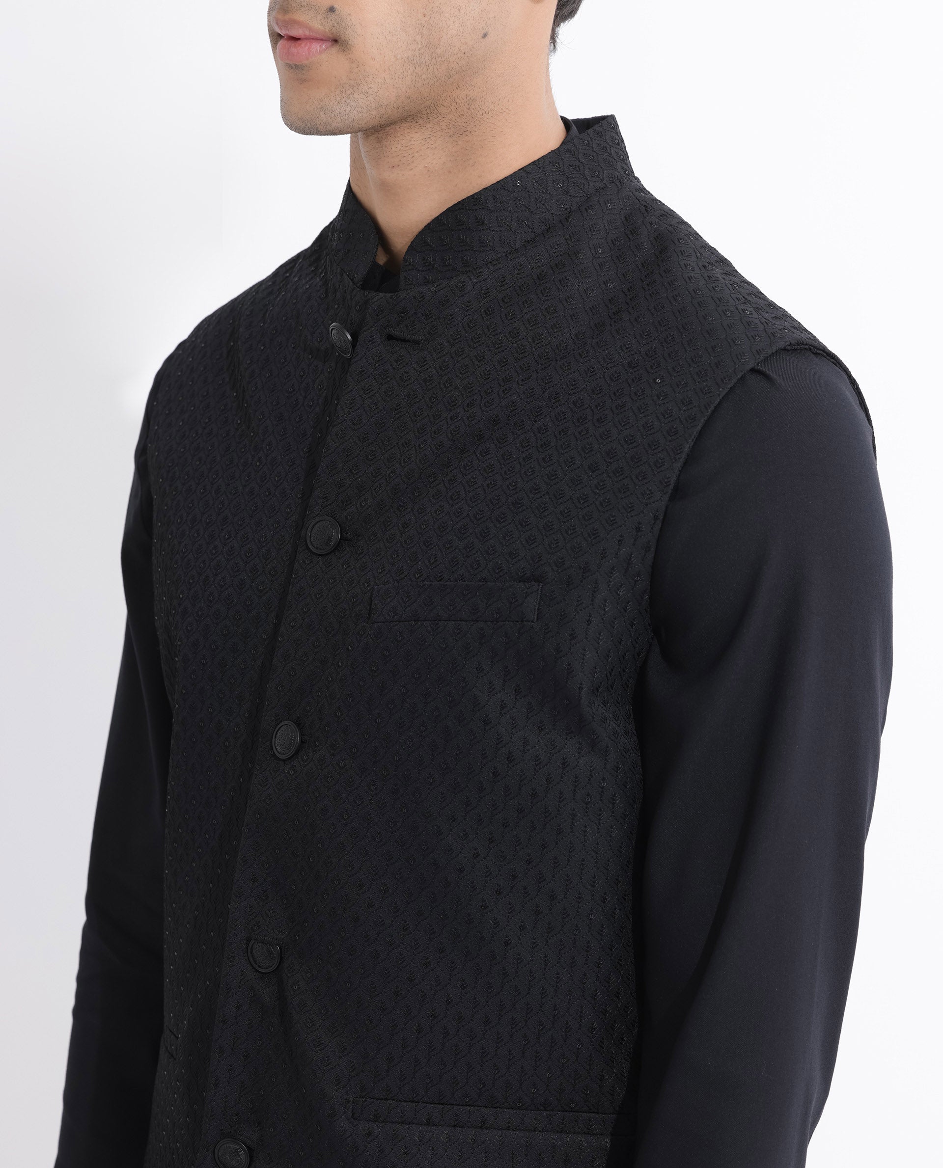 Rare Rabbit Mens Lasmos-B Black Bandi Sleeveless Mandarin Collar