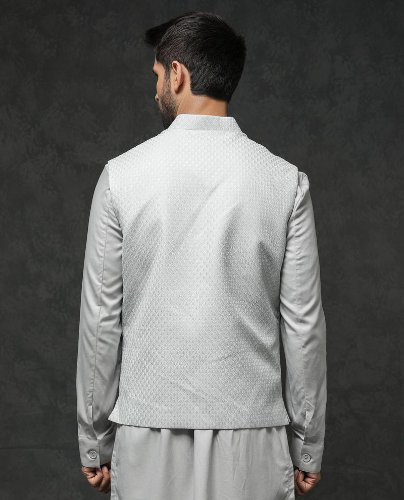 Rare Rabbit Men's Lasmos-B1 Light Grey Polyester Viscose  Lycra Fabric Mandarin Collar Sleeveless Geometric Embroidery Bandi