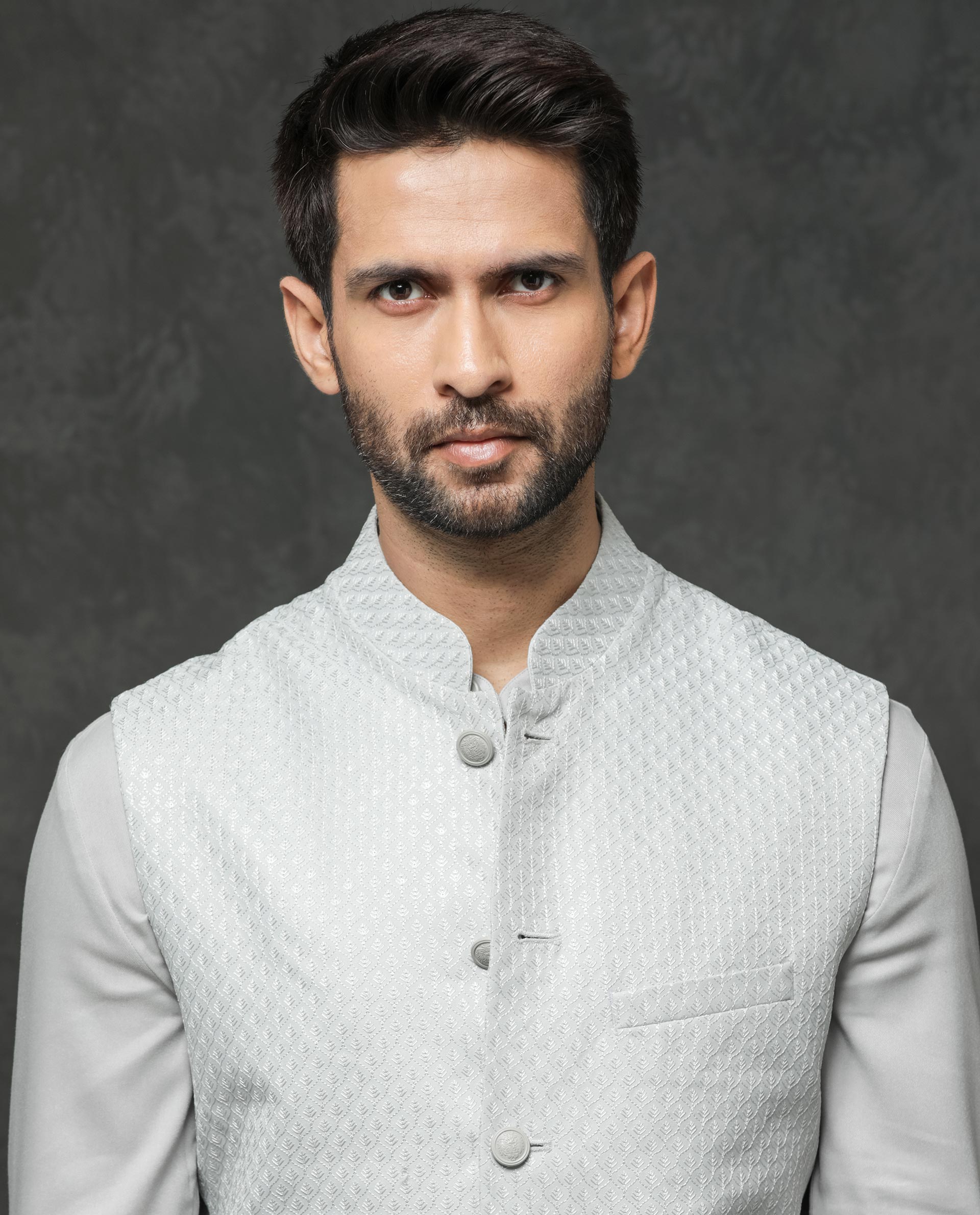 Rare Rabbit Men's Lasmos-B1 Light Grey Polyester Viscose  Lycra Fabric Mandarin Collar Sleeveless Geometric Embroidery Bandi