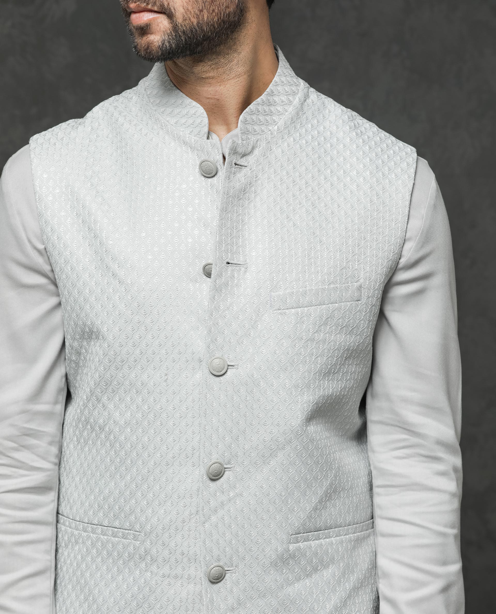 Rare Rabbit Men's Lasmos-B1 Light Grey Polyester Viscose  Lycra Fabric Mandarin Collar Sleeveless Geometric Embroidery Bandi