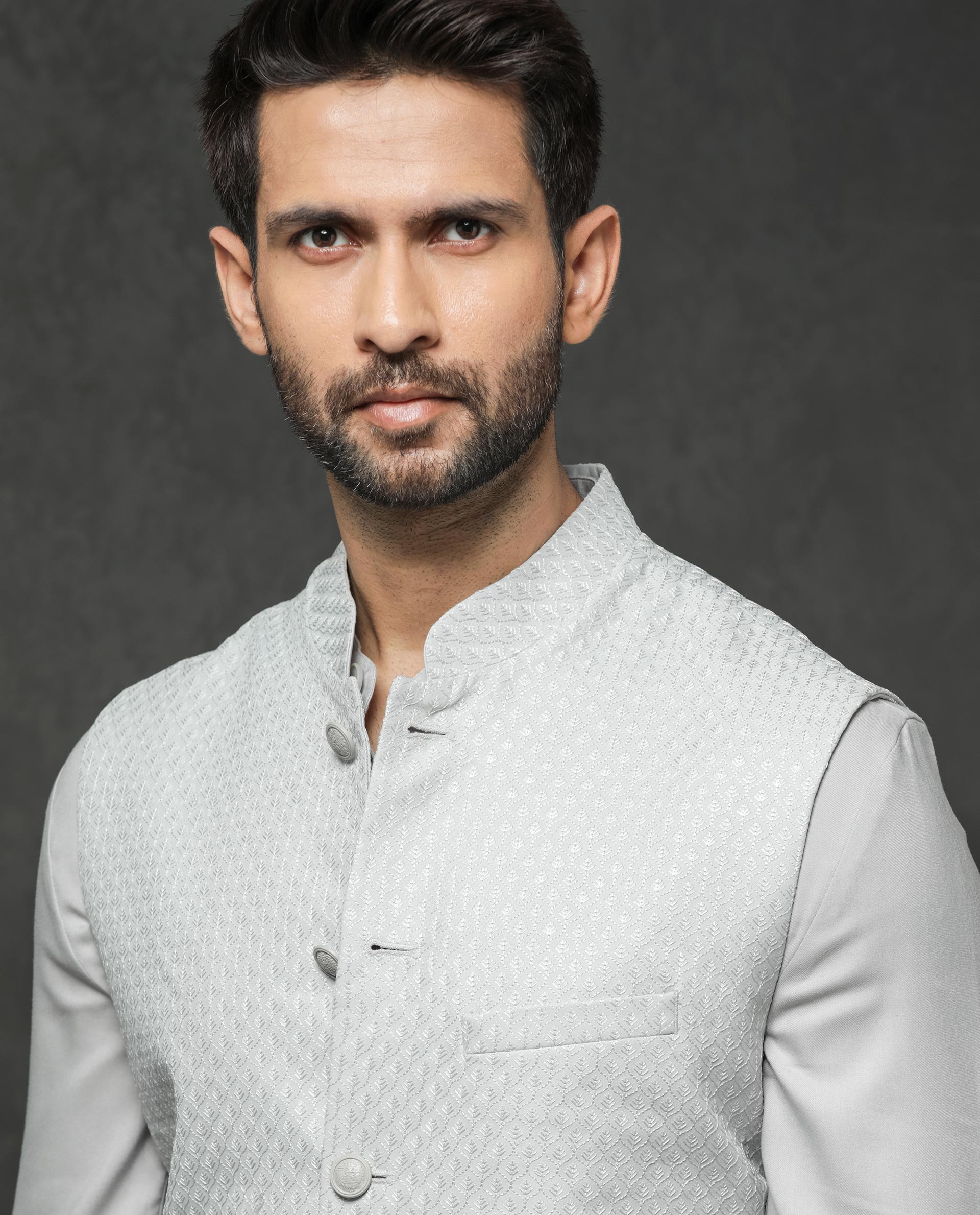 Rare Rabbit Men's Lasmos-B1 Light Grey Polyester Viscose  Lycra Fabric Mandarin Collar Sleeveless Geometric Embroidery Bandi