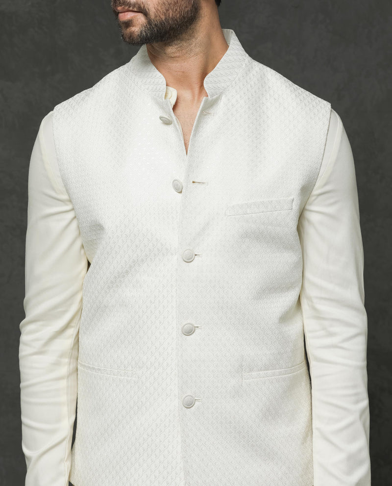 Rare Rabbit Men's Lasmos-B1 Off White Polyester Viscose Lycra Fabric Mandarin Collar Sleeveless Geometric Embroidery Bandi