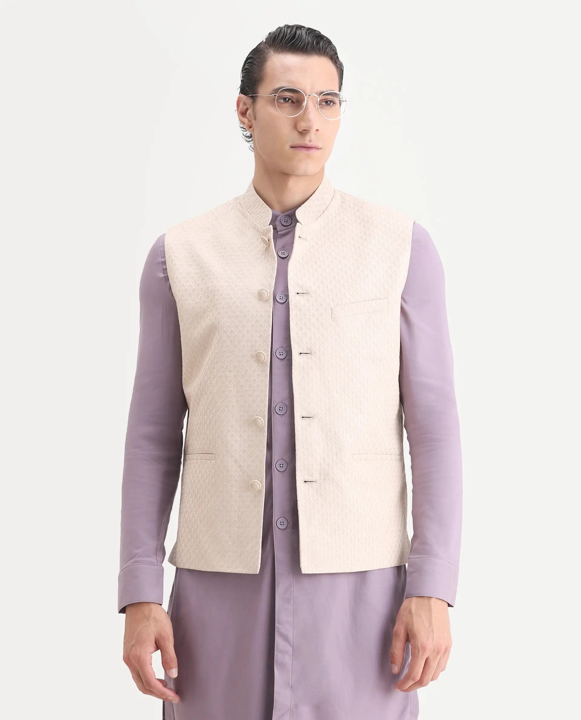 Rare Rabbit Men's Lasmos-B1 Beige Viscose Embroidered Regular Fit Sleeveless Mandarin Collar Bandhgala