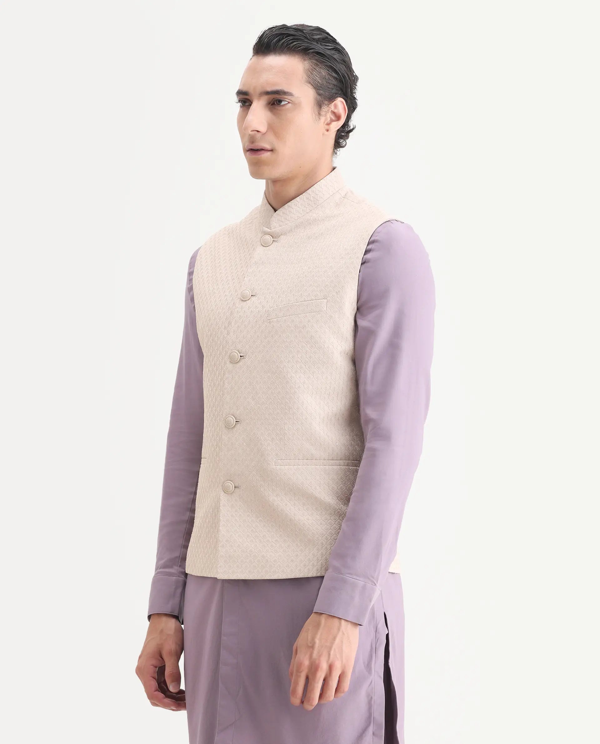 Rare Rabbit Men's Lasmos-B1 Beige Viscose Embroidered Regular Fit Sleeveless Mandarin Collar Bandhgala