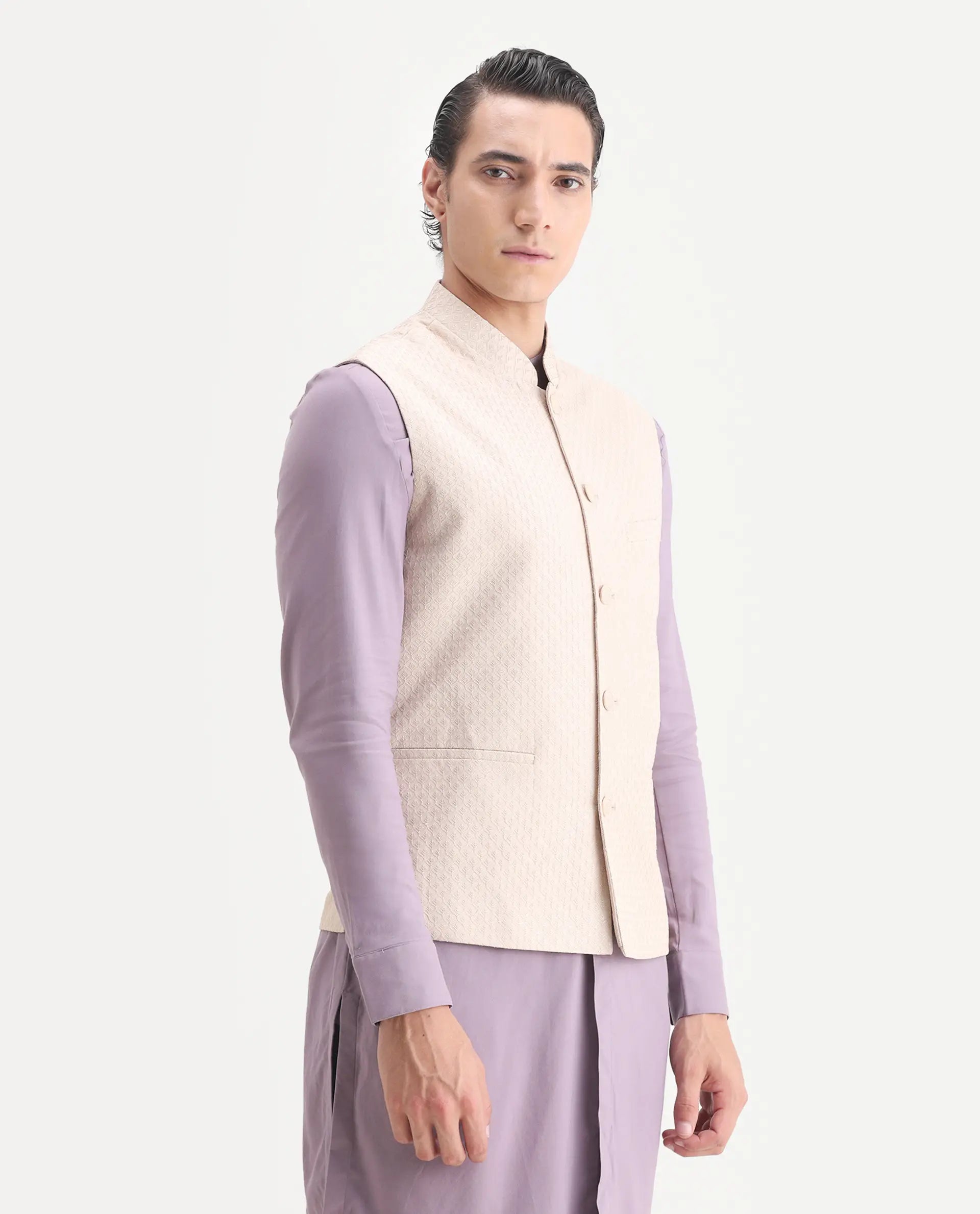 Rare Rabbit Men's Lasmos-B1 Beige Viscose Embroidered Regular Fit Sleeveless Mandarin Collar Bandhgala