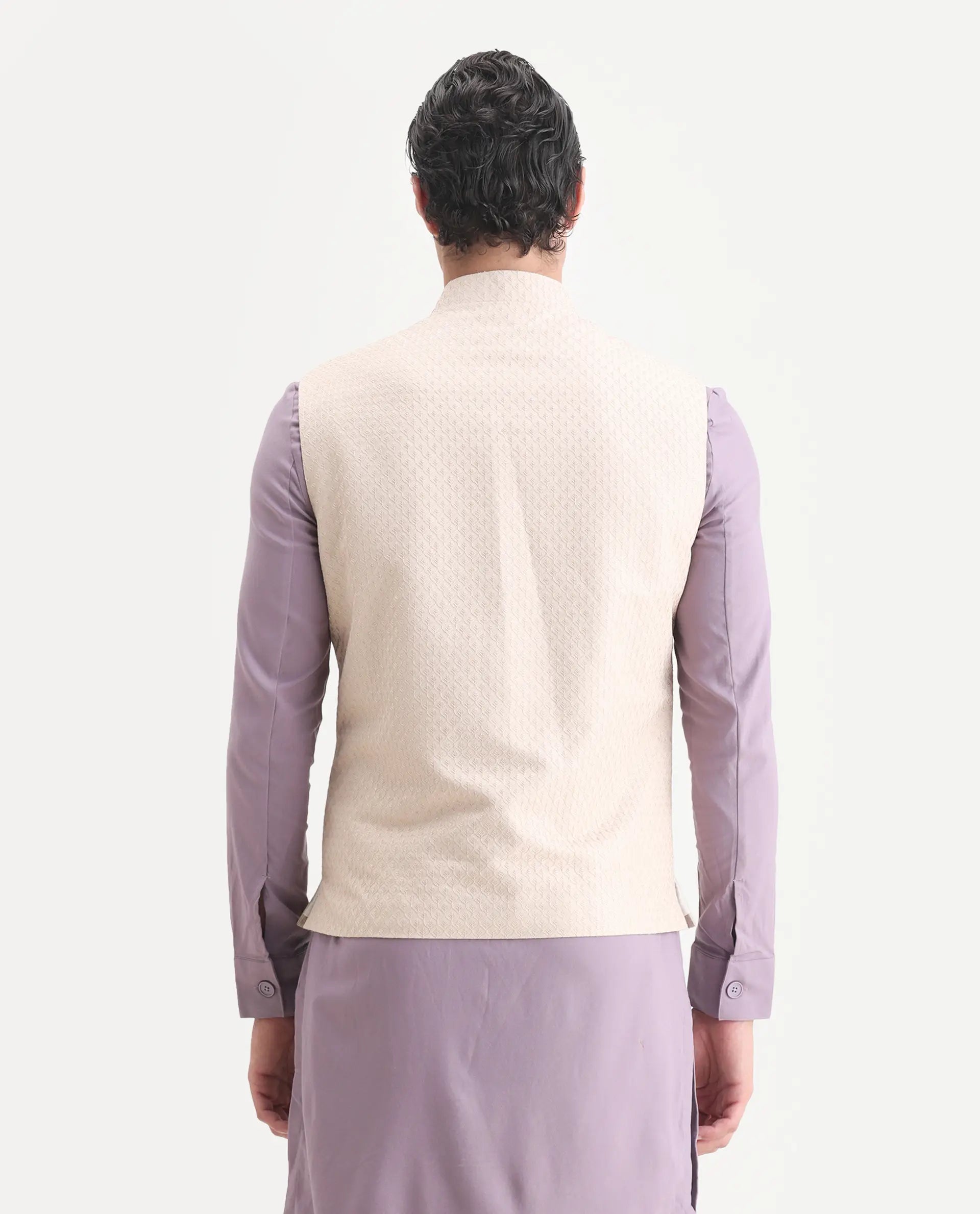 Rare Rabbit Men's Lasmos-B1 Beige Viscose Embroidered Regular Fit Sleeveless Mandarin Collar Bandhgala