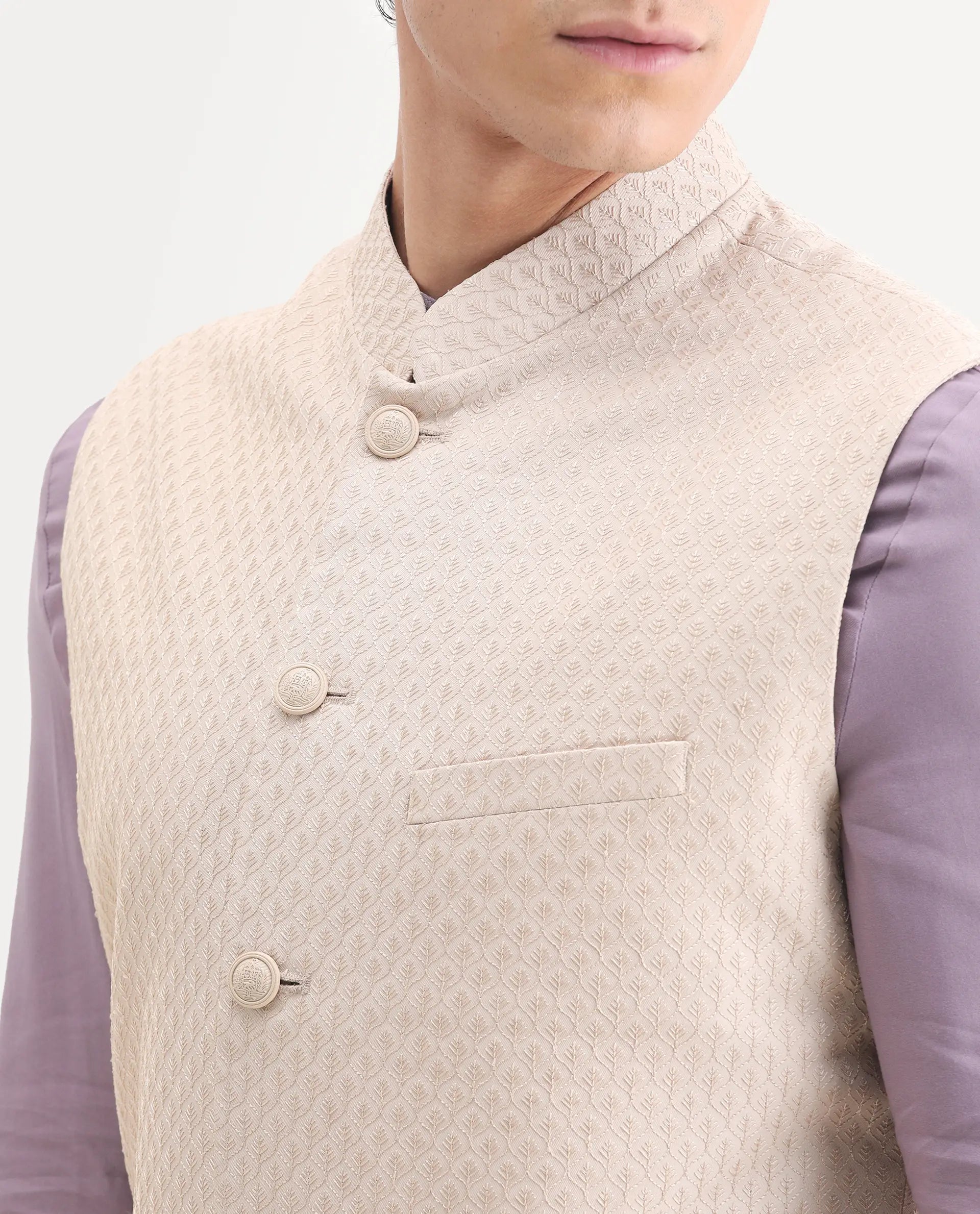 Rare Rabbit Men's Lasmos-B1 Beige Viscose Embroidered Regular Fit Sleeveless Mandarin Collar Bandhgala