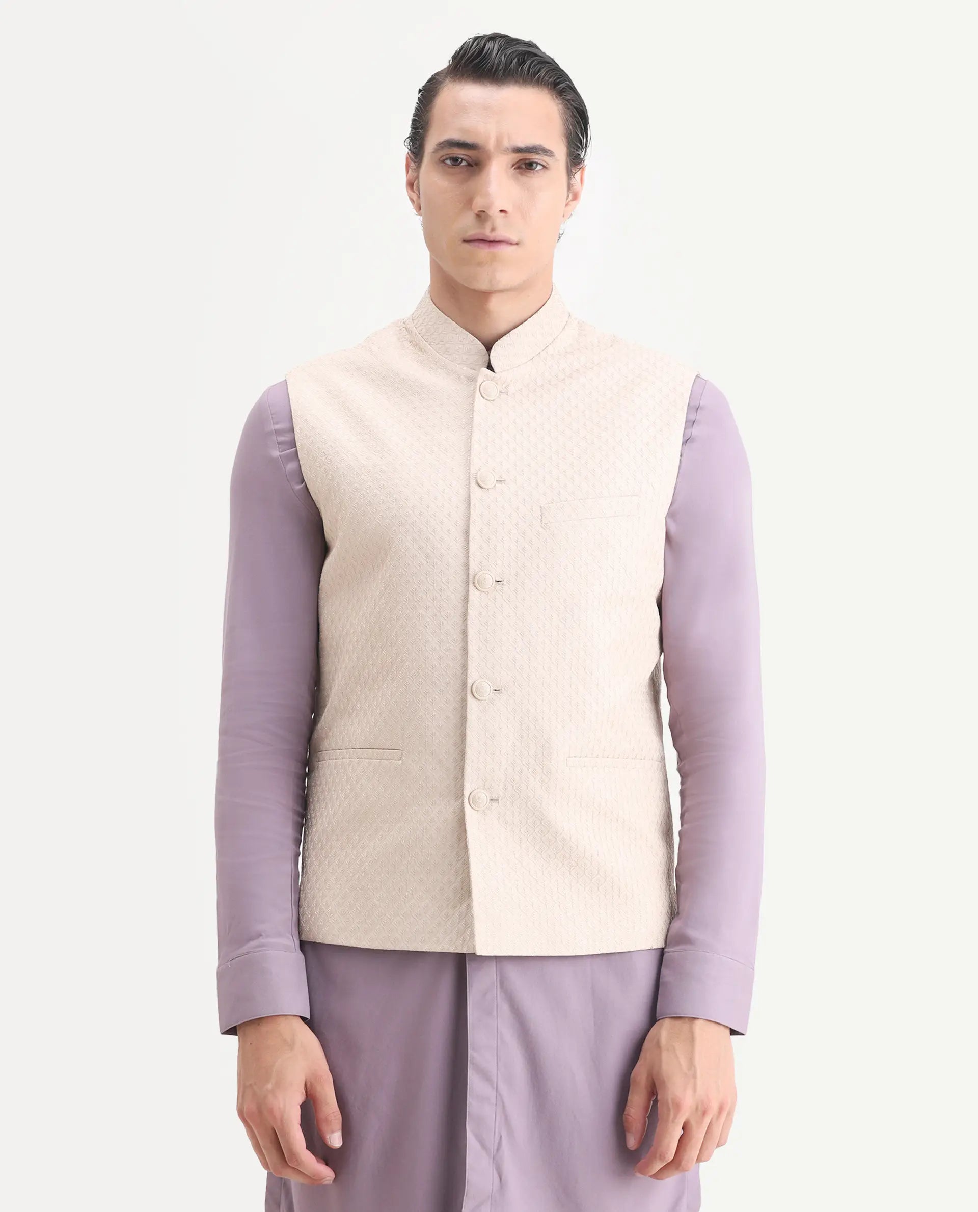 Rare Rabbit Men's Lasmos-B1 Beige Viscose Embroidered Regular Fit Sleeveless Mandarin Collar Bandhgala