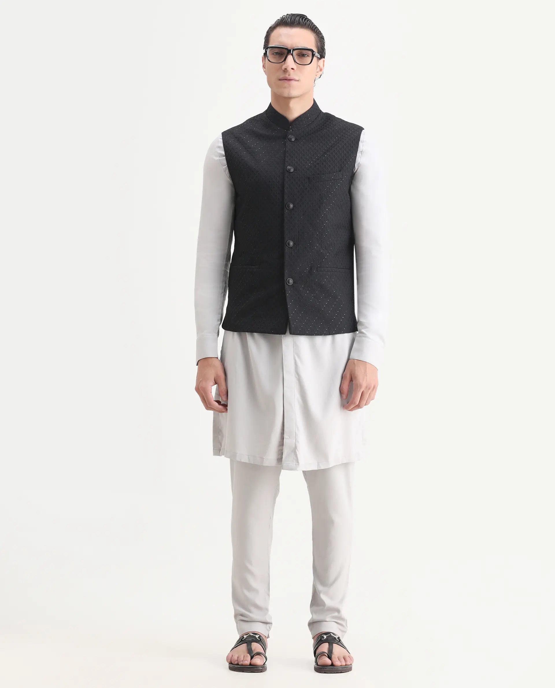 Rare Rabbit Men's Lasmos-B1 Black Viscose Embroidered Regular Fit Sleeveless Mandarin Collar Bandhgala