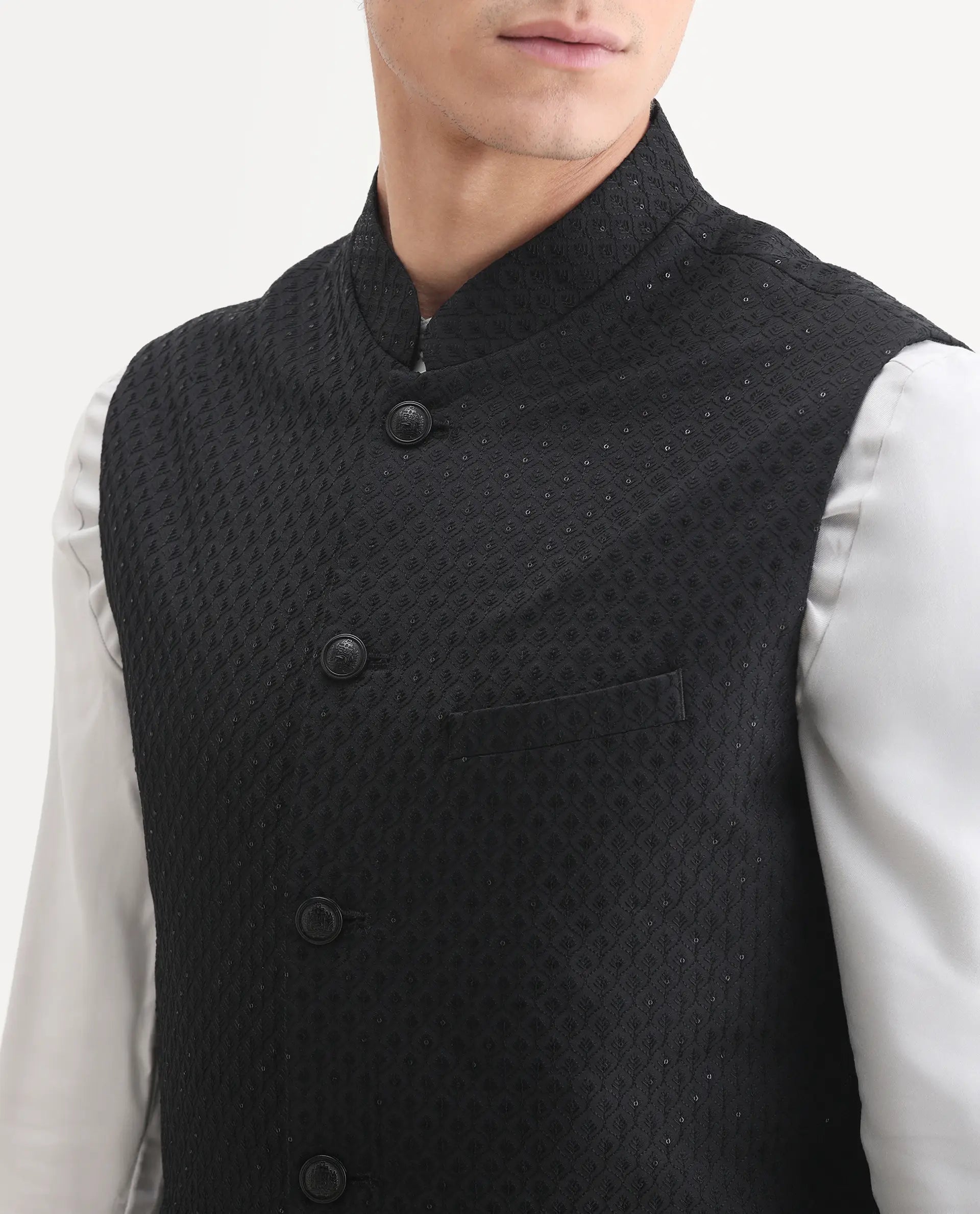 Rare Rabbit Men's Lasmos-B1 Black Viscose Embroidered Regular Fit Sleeveless Mandarin Collar Bandhgala