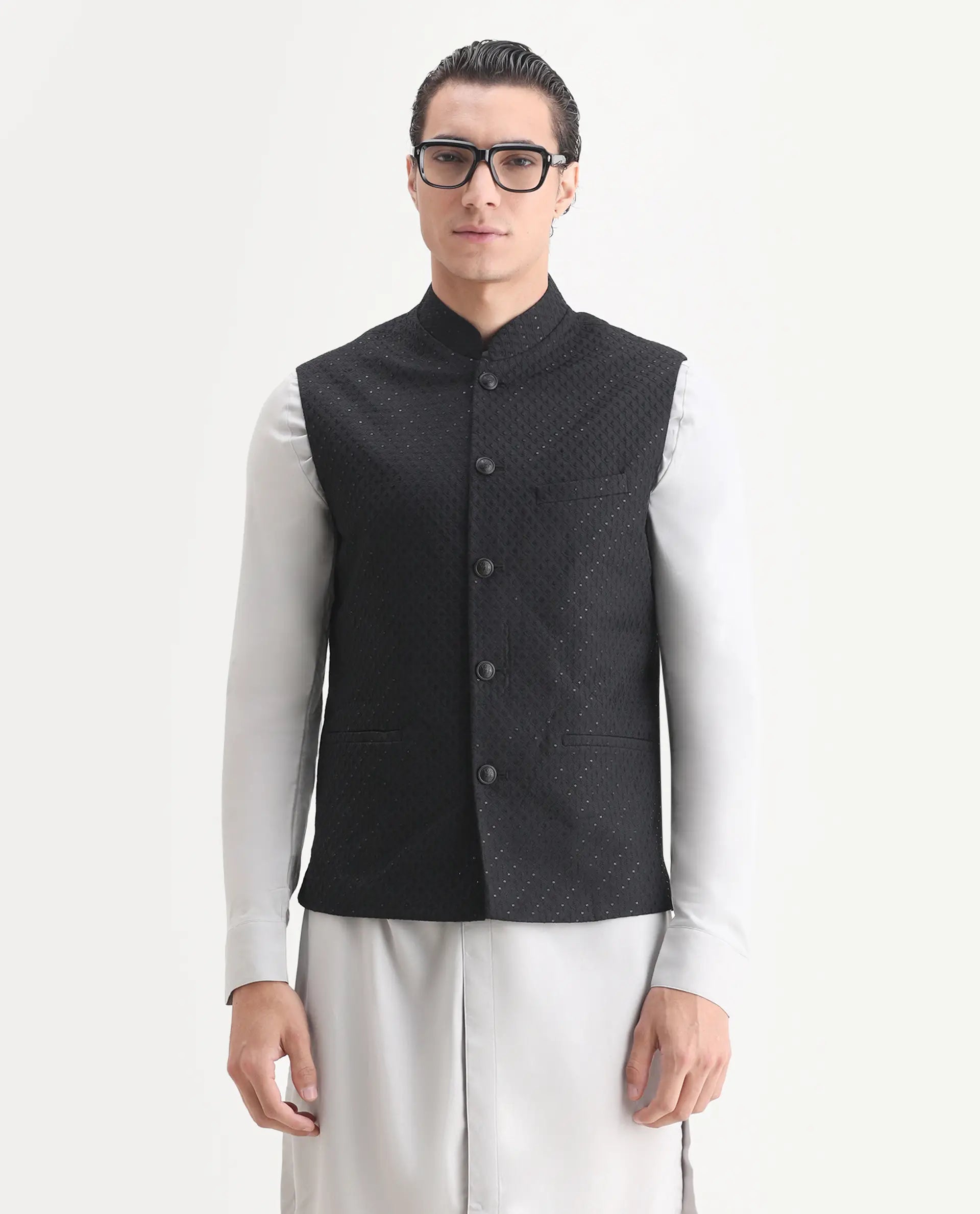 Rare Rabbit Men's Lasmos-B1 Black Viscose Embroidered Regular Fit Sleeveless Mandarin Collar Bandhgala