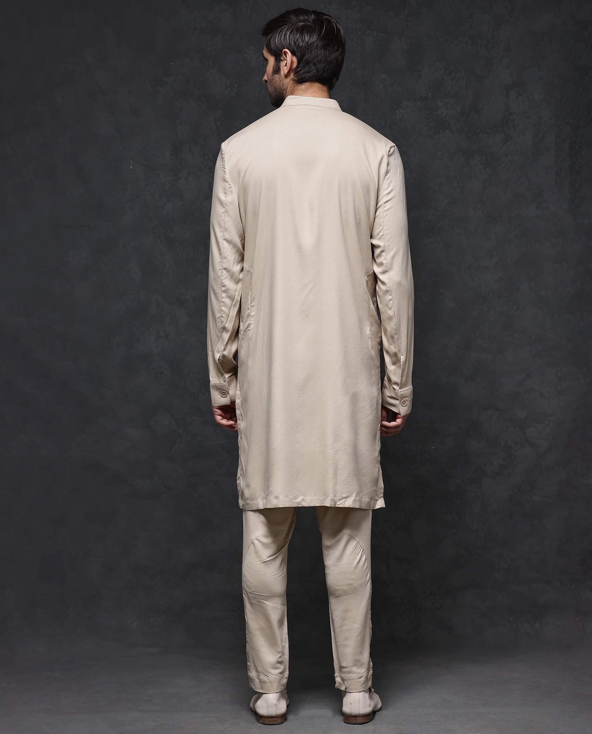Rare Rabbit Men's Lasmos-K1 Beige Poly Viscose Fabric Full Sleeve Mandarin Collar Solid Regular Fit Kurta