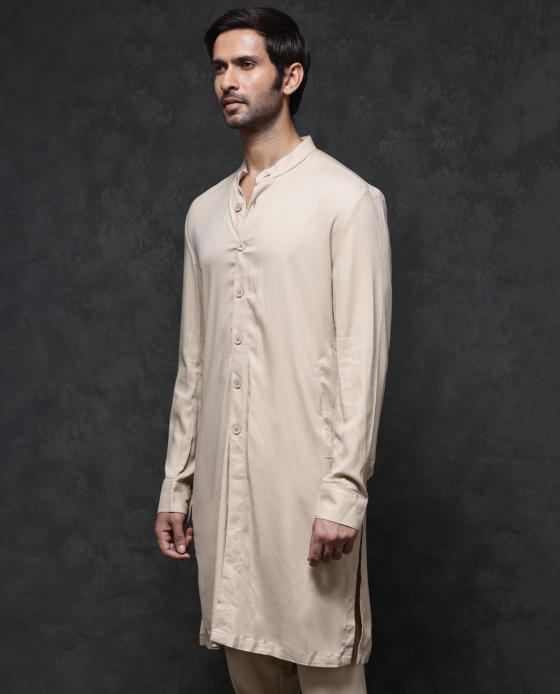 Rare Rabbit Men's Lasmos-K1 Beige Poly Viscose Fabric Full Sleeve Mandarin Collar Solid Regular Fit Kurta