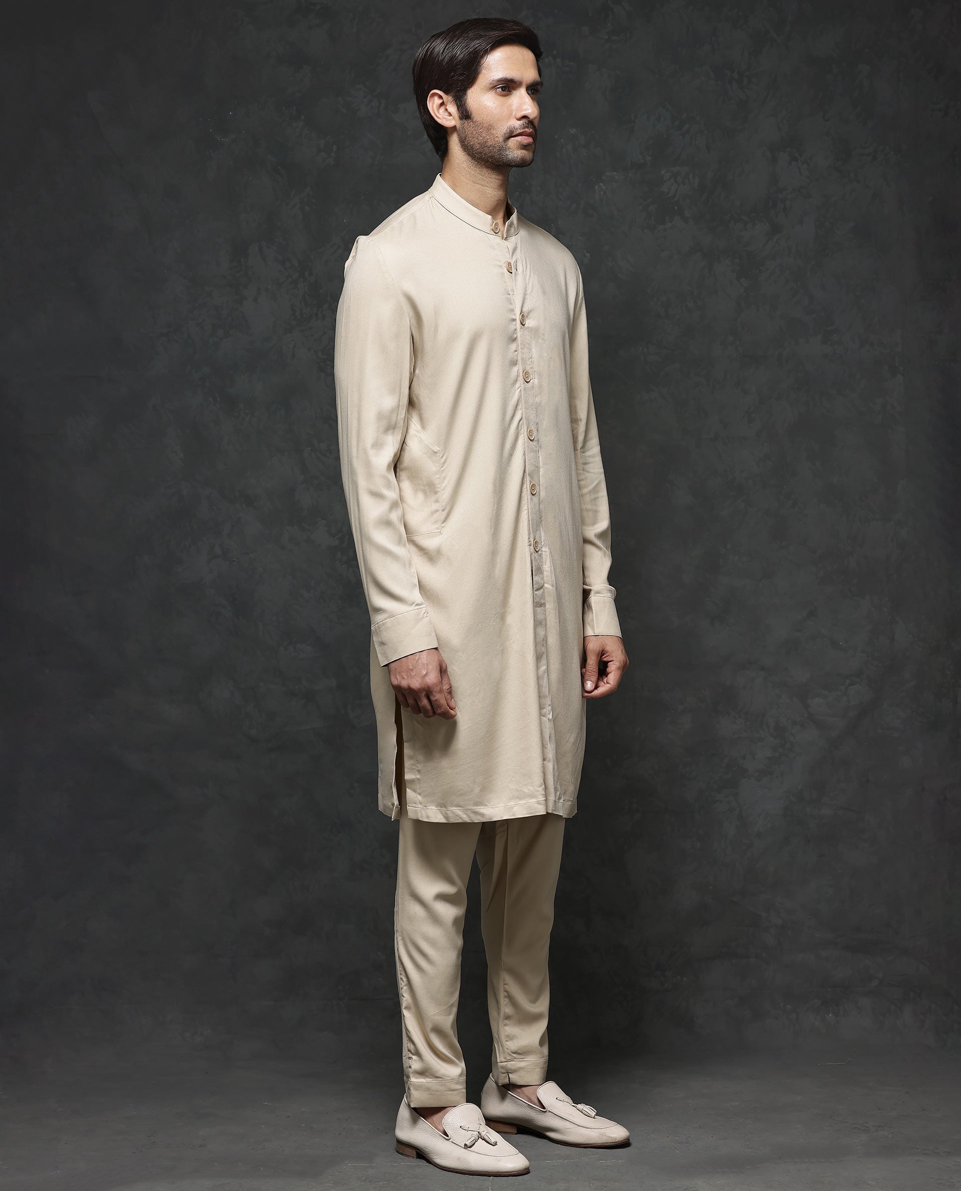 Rare Rabbit Men's Lasmos-K1 Beige Poly Viscose Fabric Full Sleeve Mandarin Collar Solid Regular Fit Kurta