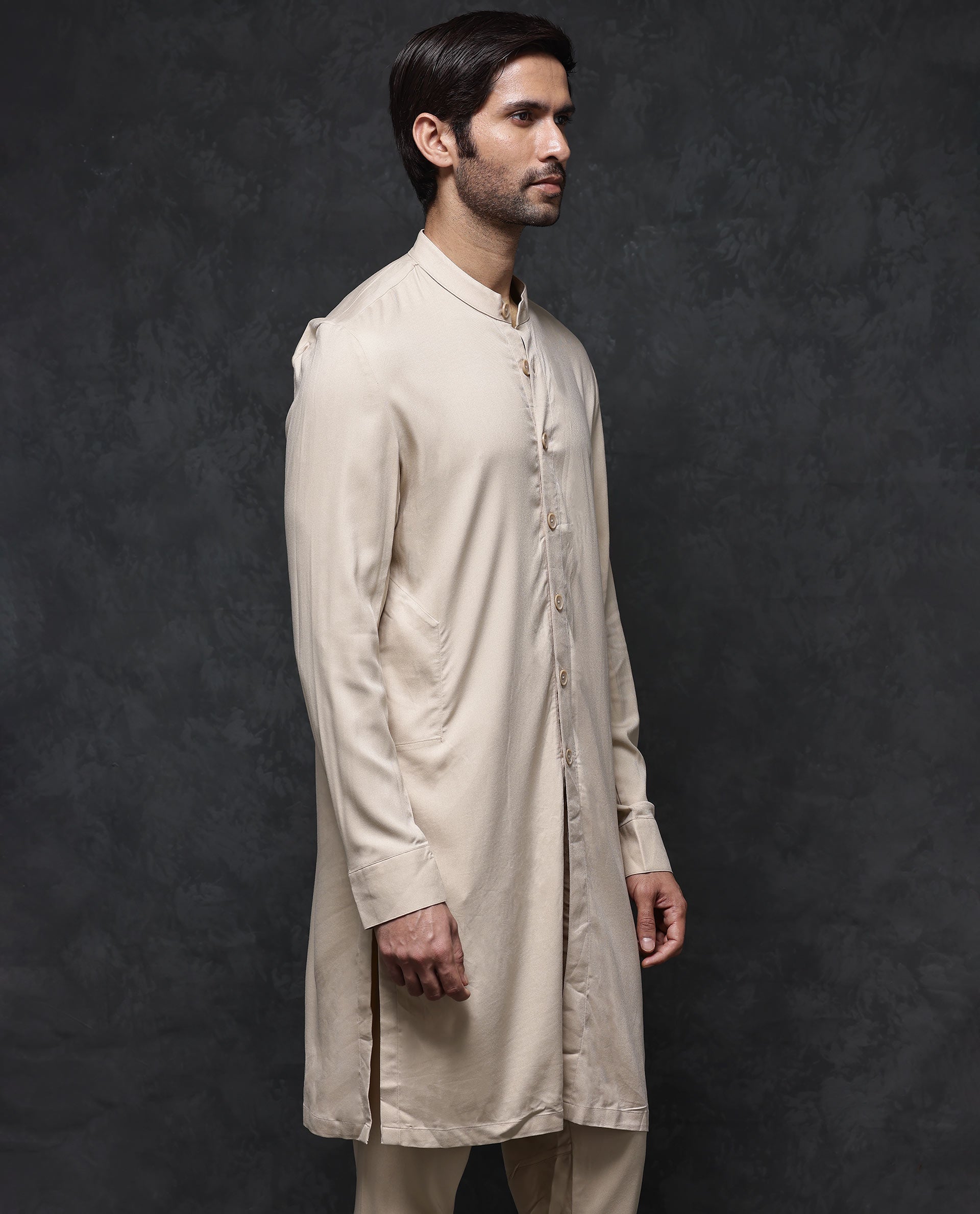 Rare Rabbit Men's Lasmos-K1 Beige Poly Viscose Fabric Full Sleeve Mandarin Collar Solid Regular Fit Kurta
