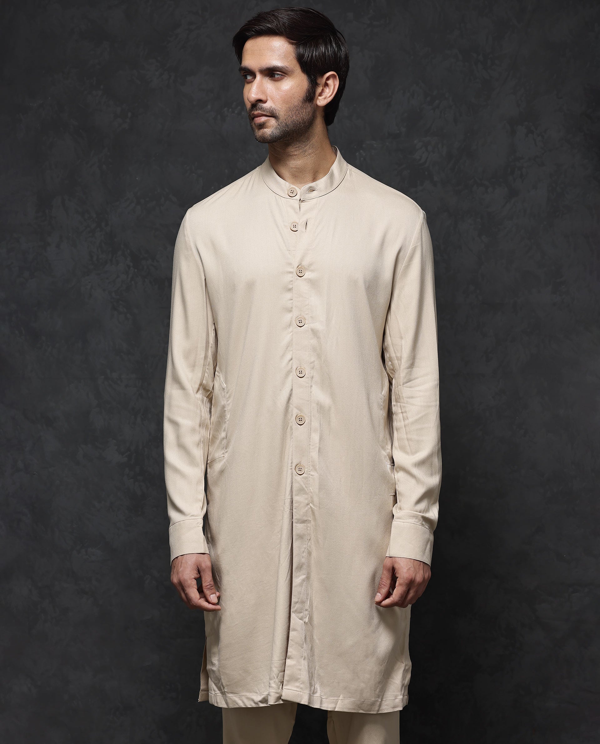 Rare Rabbit Men's Lasmos-K1 Beige Poly Viscose Fabric Full Sleeve Mandarin Collar Solid Regular Fit Kurta