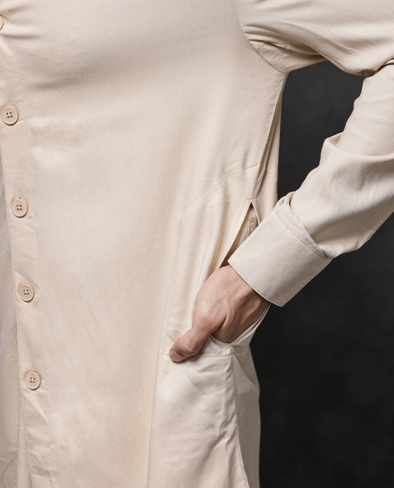 Rare Rabbit Men's Lasmos-K1 Beige Poly Viscose Fabric Full Sleeve Mandarin Collar Solid Regular Fit Kurta