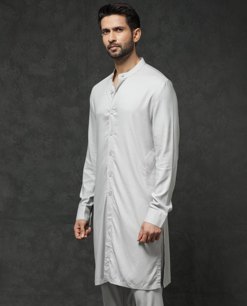 Rare Rabbit Men's Lasmos-K1 Light Grey Polyester Viscose Fabric Mandarin Collar Full Sleeve Solid Kurta