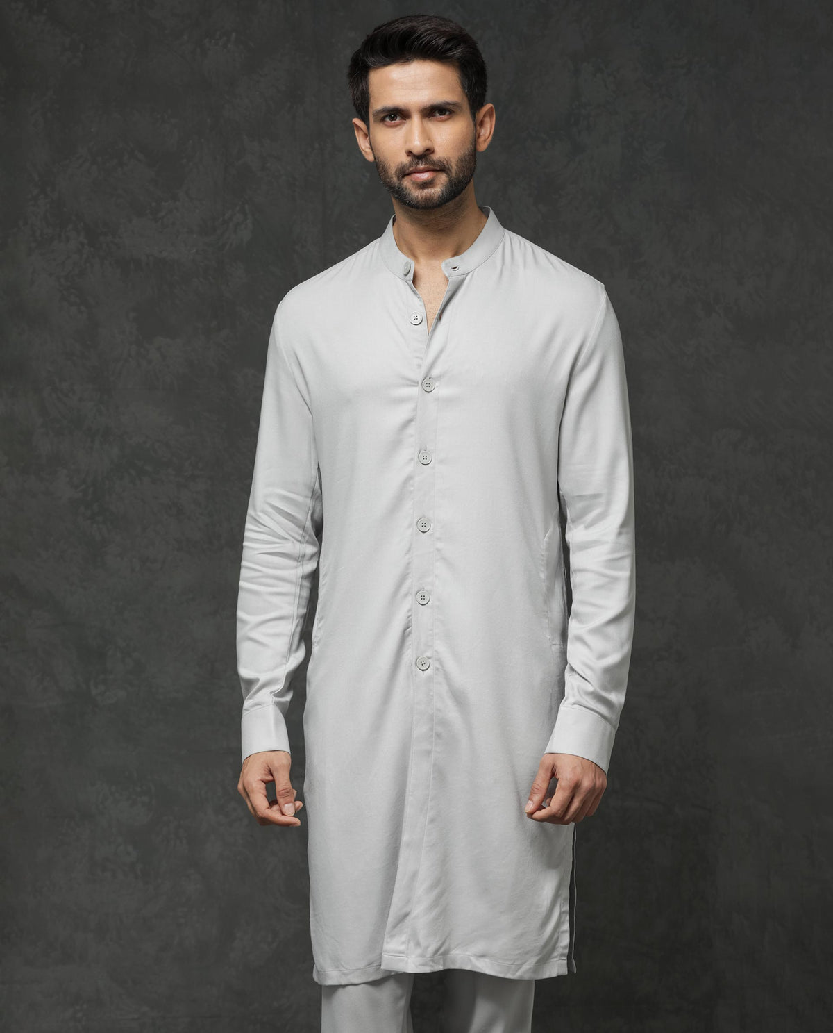 Rare Rabbit Men's Lasmos-K1 Light Grey Polyester Viscose Fabric Mandarin Collar Full Sleeve Solid Kurta