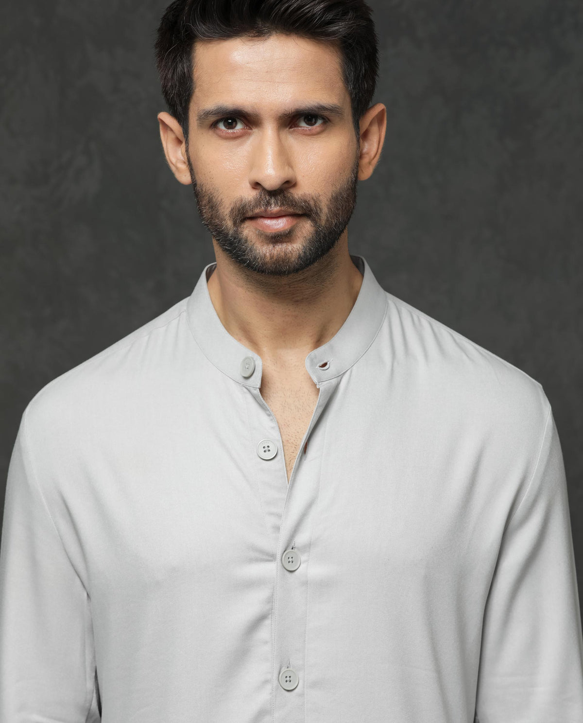Rare Rabbit Men's Lasmos-K1 Light Grey Polyester Viscose Fabric Mandarin Collar Full Sleeve Solid Kurta