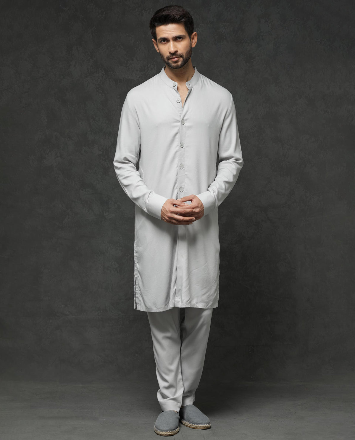 Rare Rabbit Men's Lasmos-K1 Light Grey Polyester Viscose Fabric Mandarin Collar Full Sleeve Solid Kurta